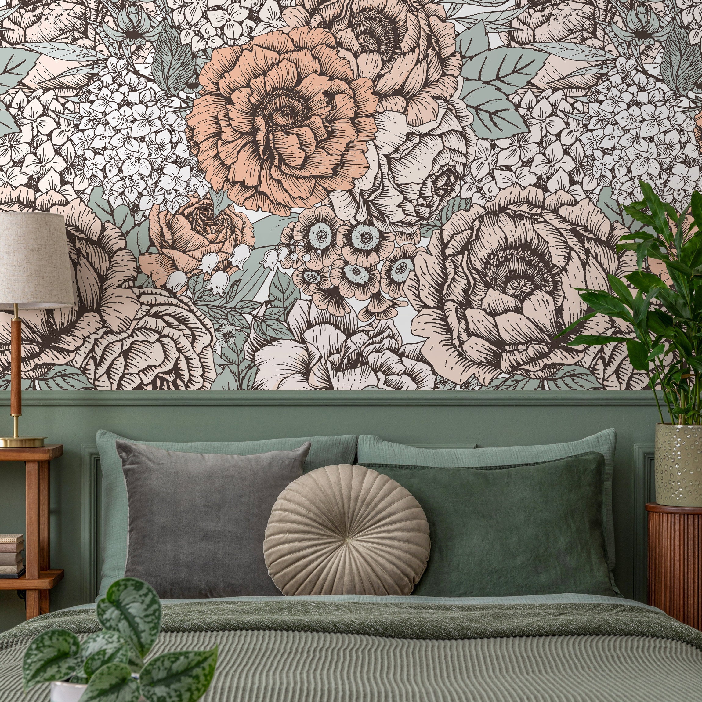 Floral Wallpaper With A Hand-drawn Collage In Blush Pink, Sage Green, And Black - A550