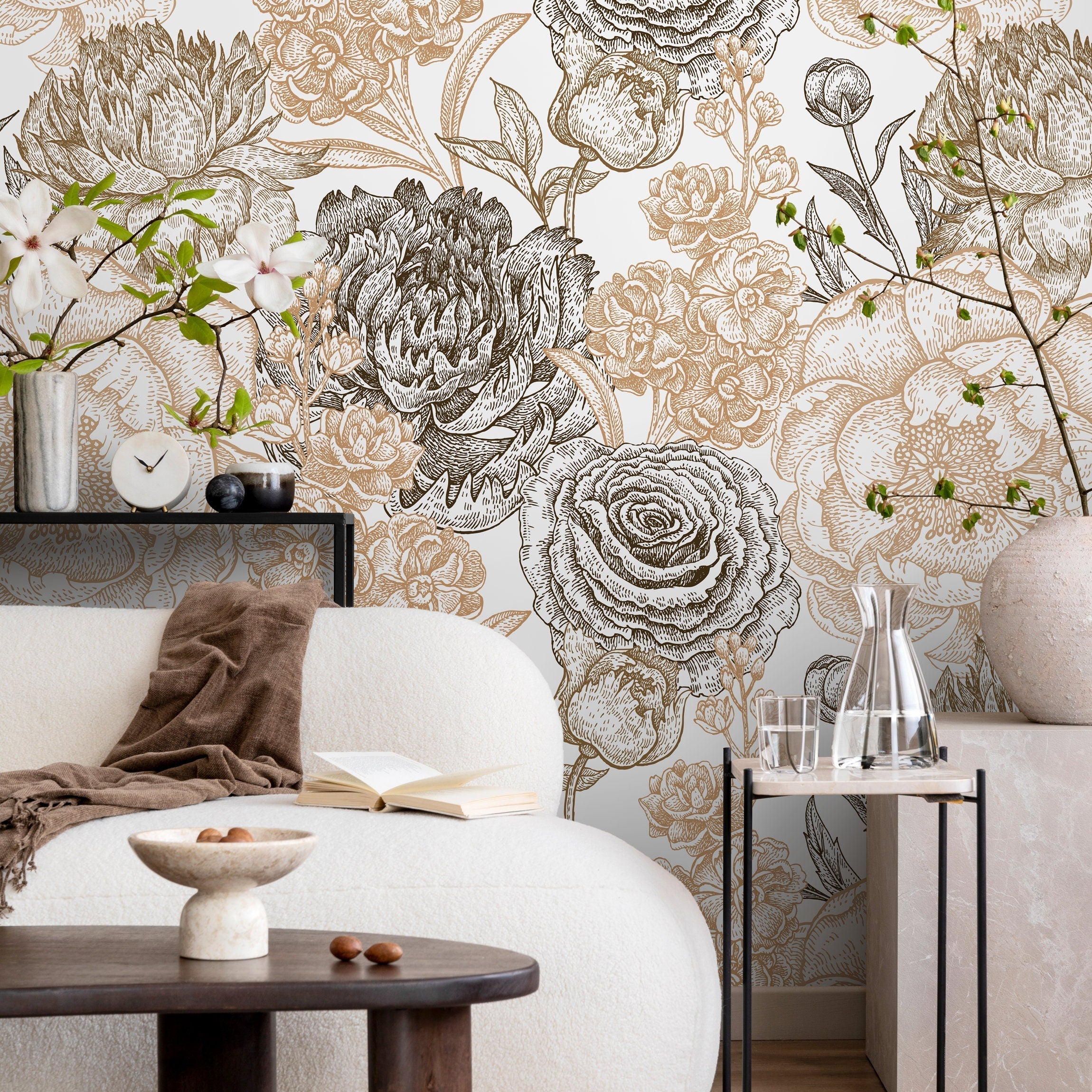 Floral Wallpaper With A Vintage Engraved Motif In Black And Gold - A551