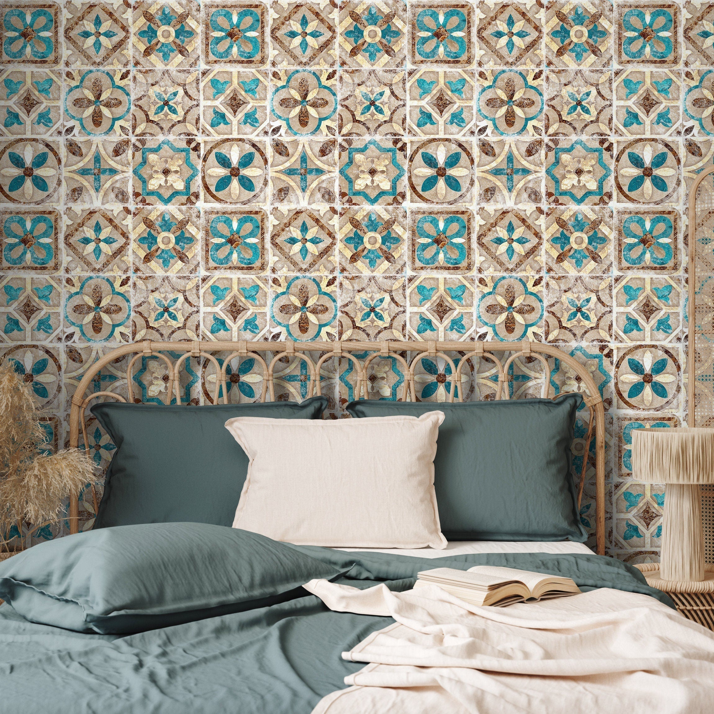 Tile Wallpaper With A Portuguese Motif In Teal, Brown, And Beige - A552