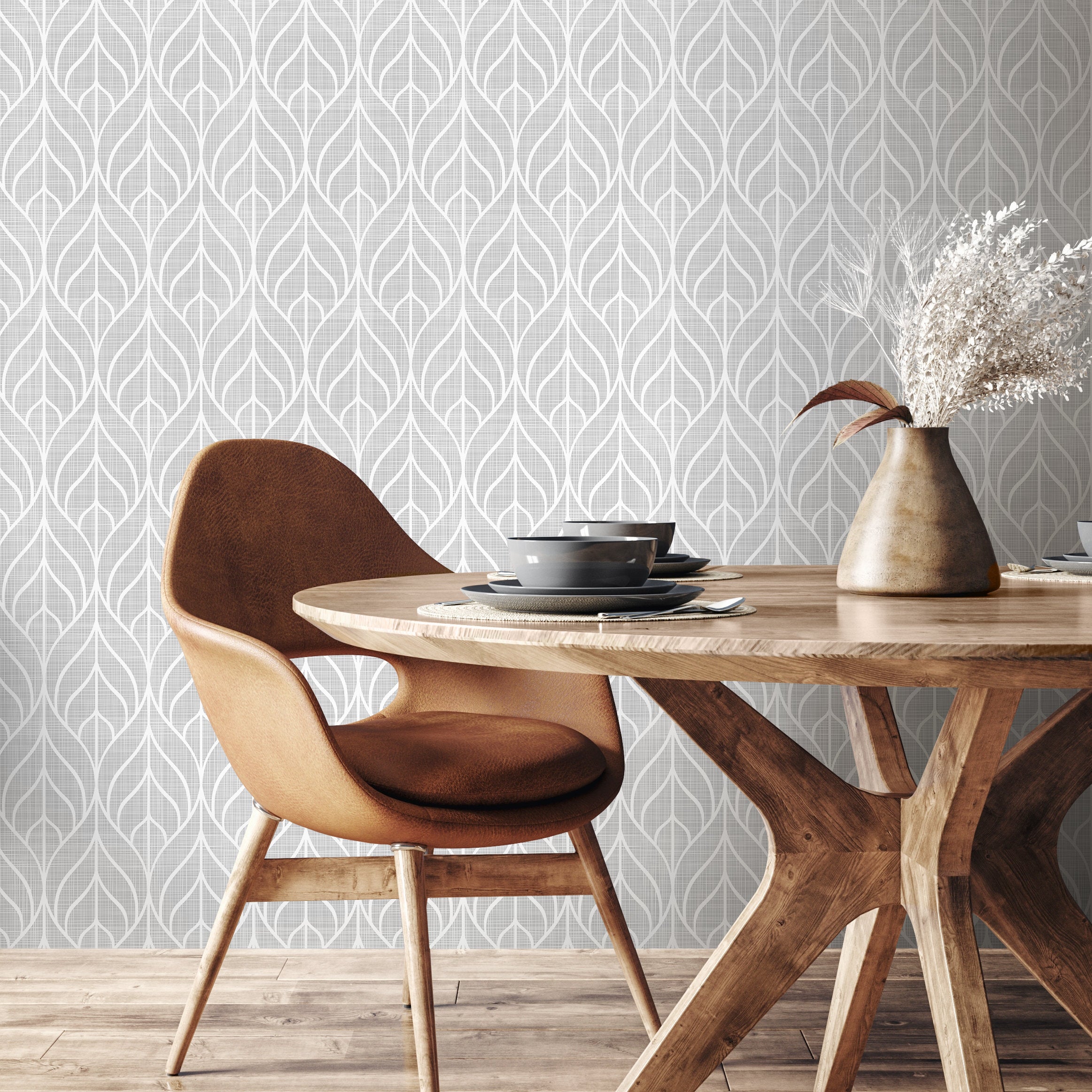 Geometric Wallpaper With A Stylized Leaf Motif In Gray And White - A553