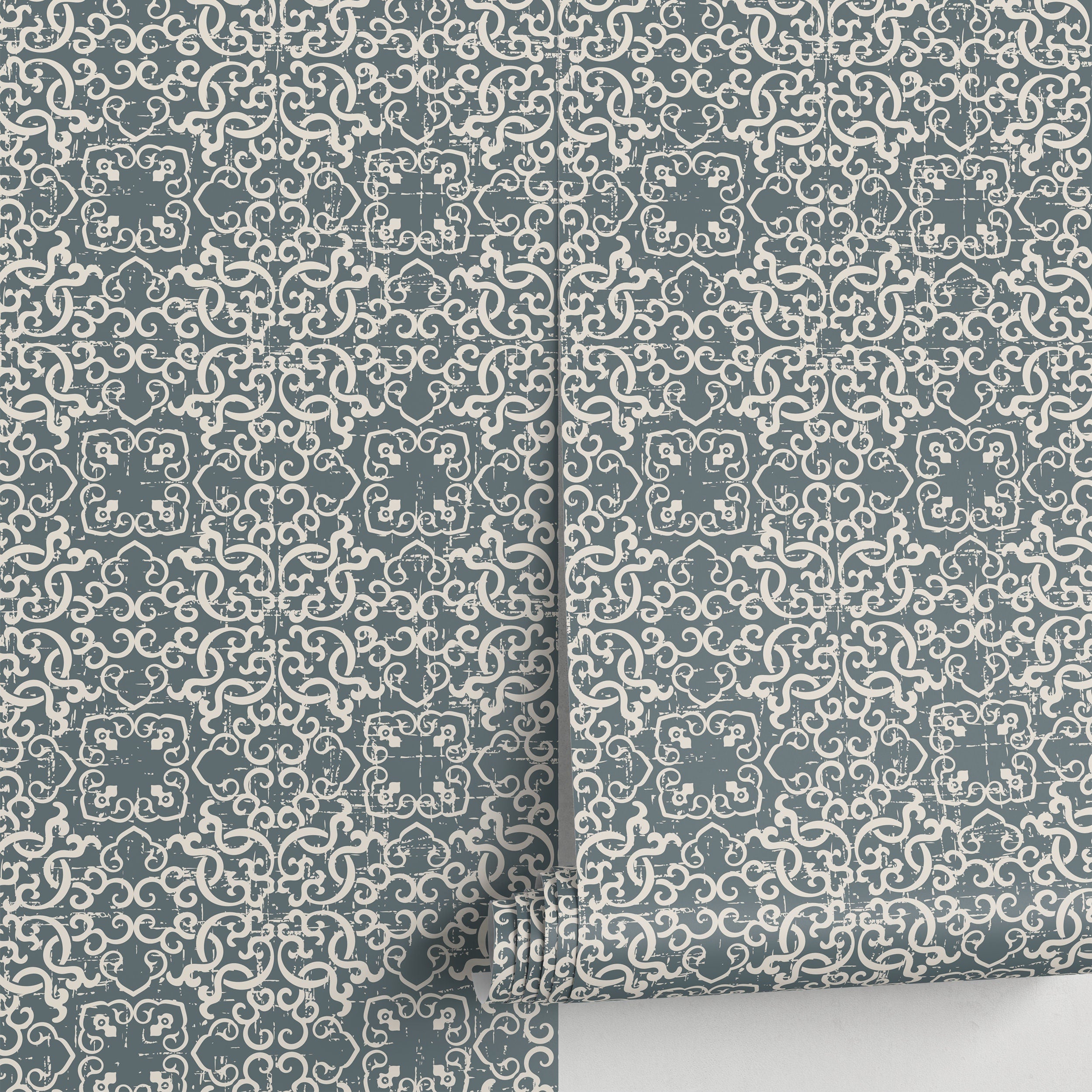 Tile Wallpaper With A Distressed Azulejos Motif In Slate Blue And Cream - A554