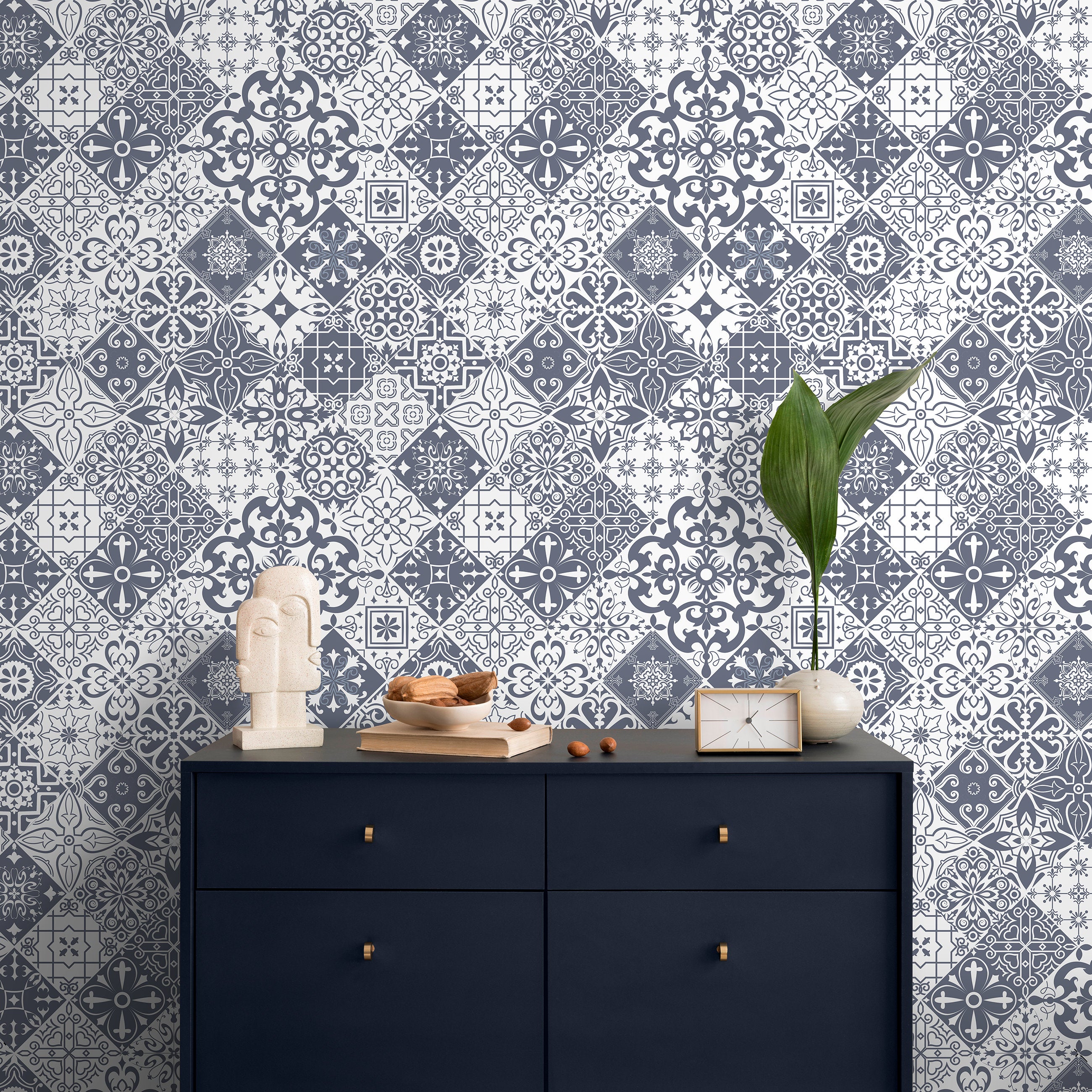 Tile Wallpaper With A Portuguese Azulejos Motif In Slate Blue - A555