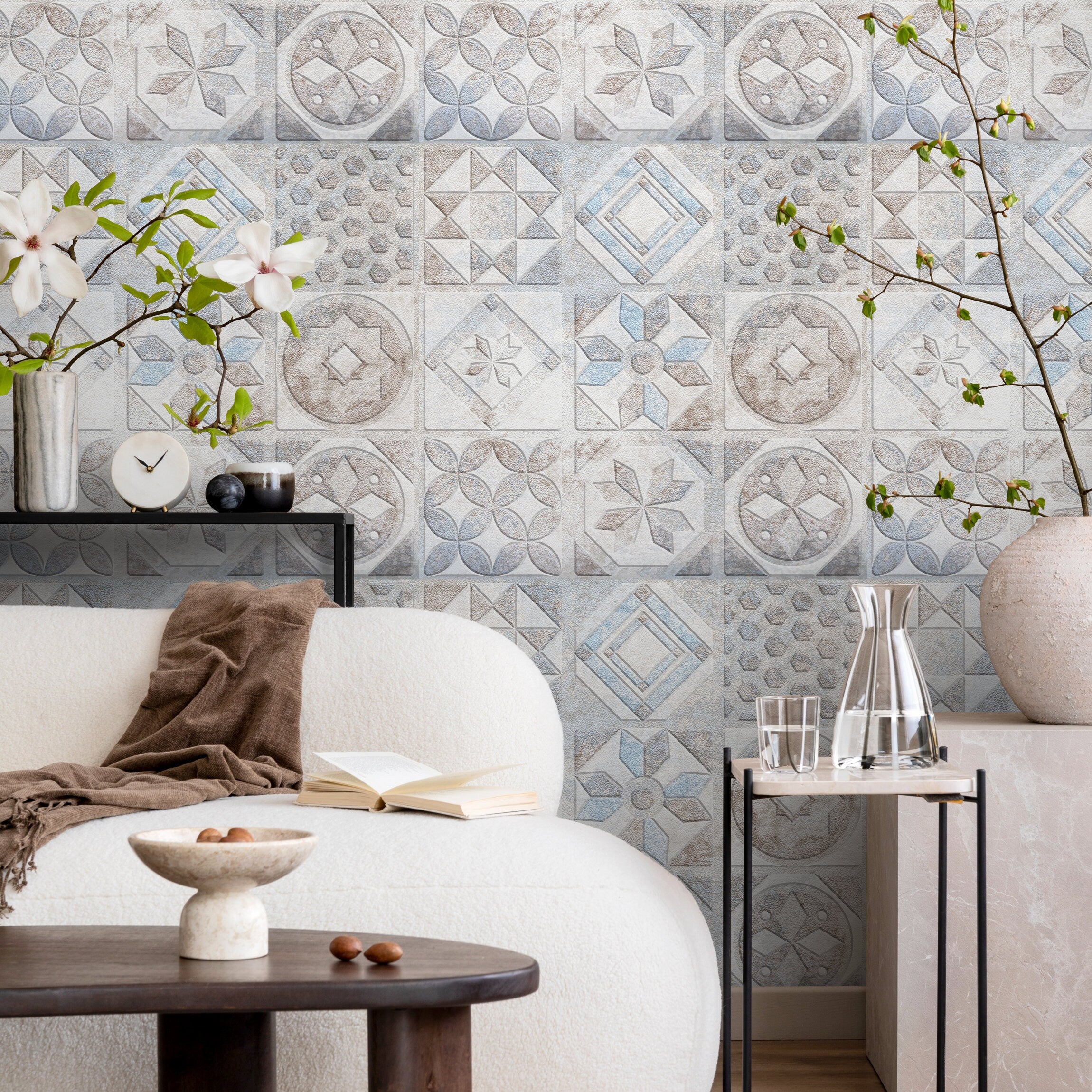 Tile Wallpaper With A Portuguese Azulejos Motif In Blue, Brown, And Gray - A556
