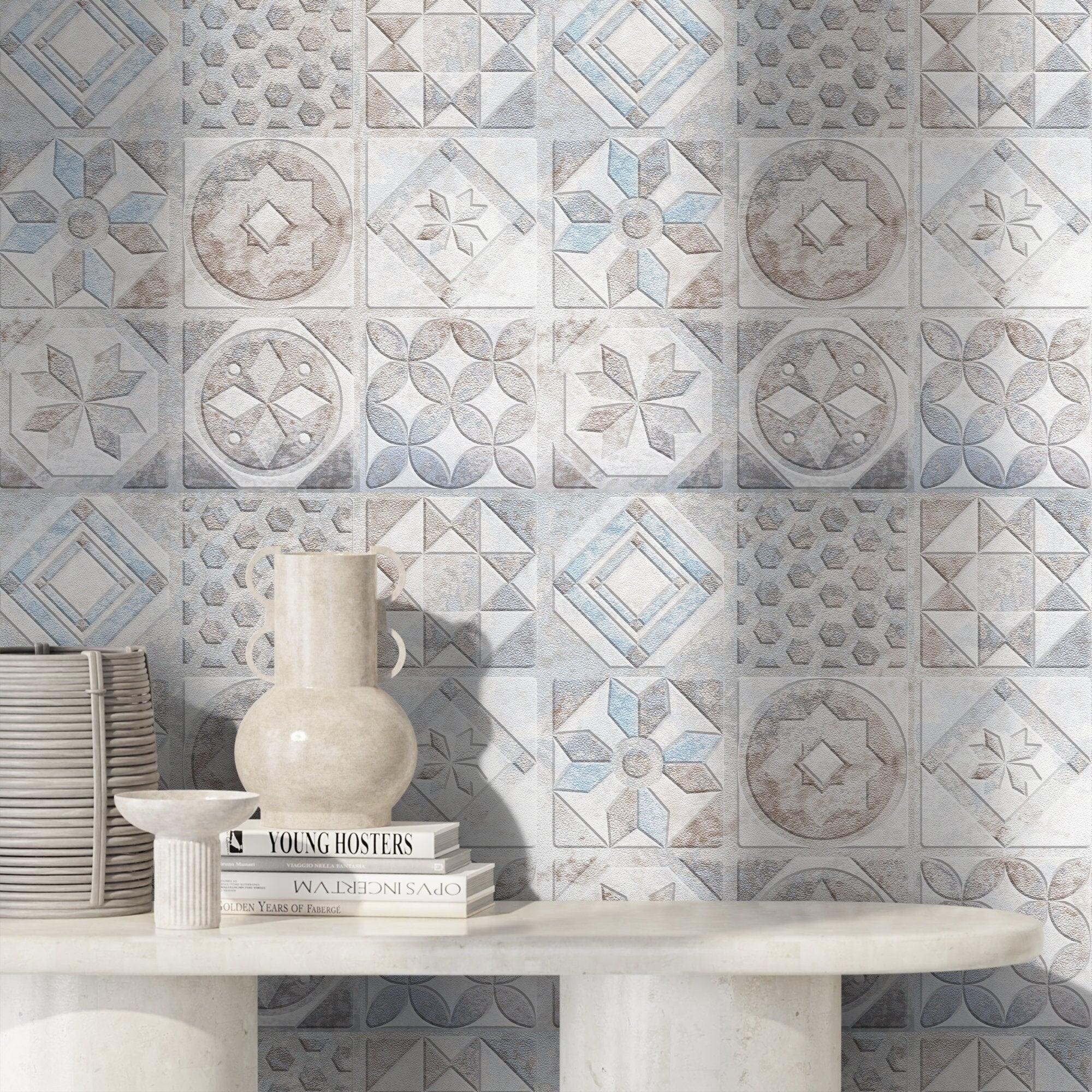 Tile Wallpaper With A Portuguese Azulejos Motif In Blue, Brown, And Gray - A556