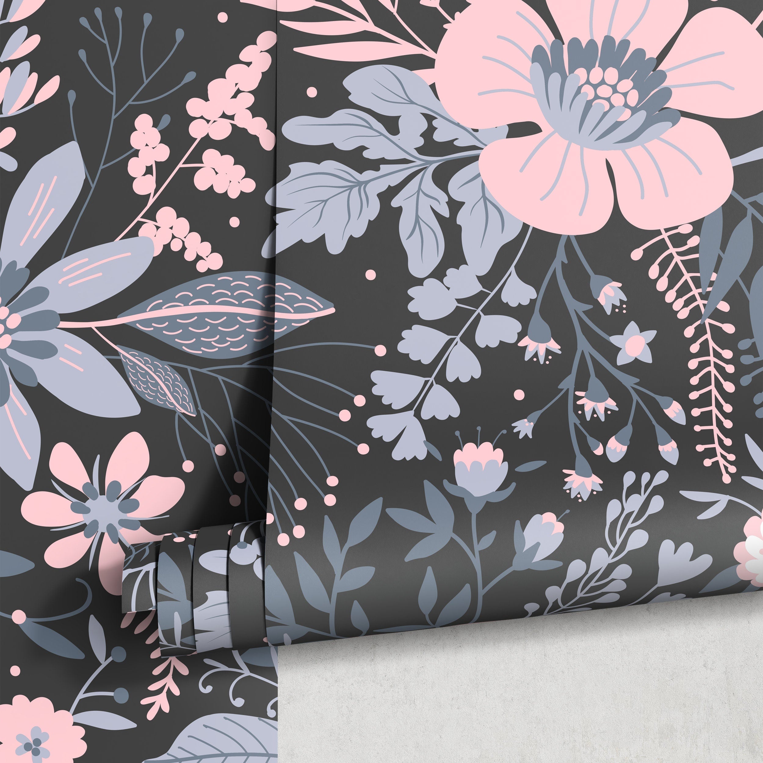 Floral Wallpaper With A Stylized Folk Motif In Pink, Blue, And Black - A560
