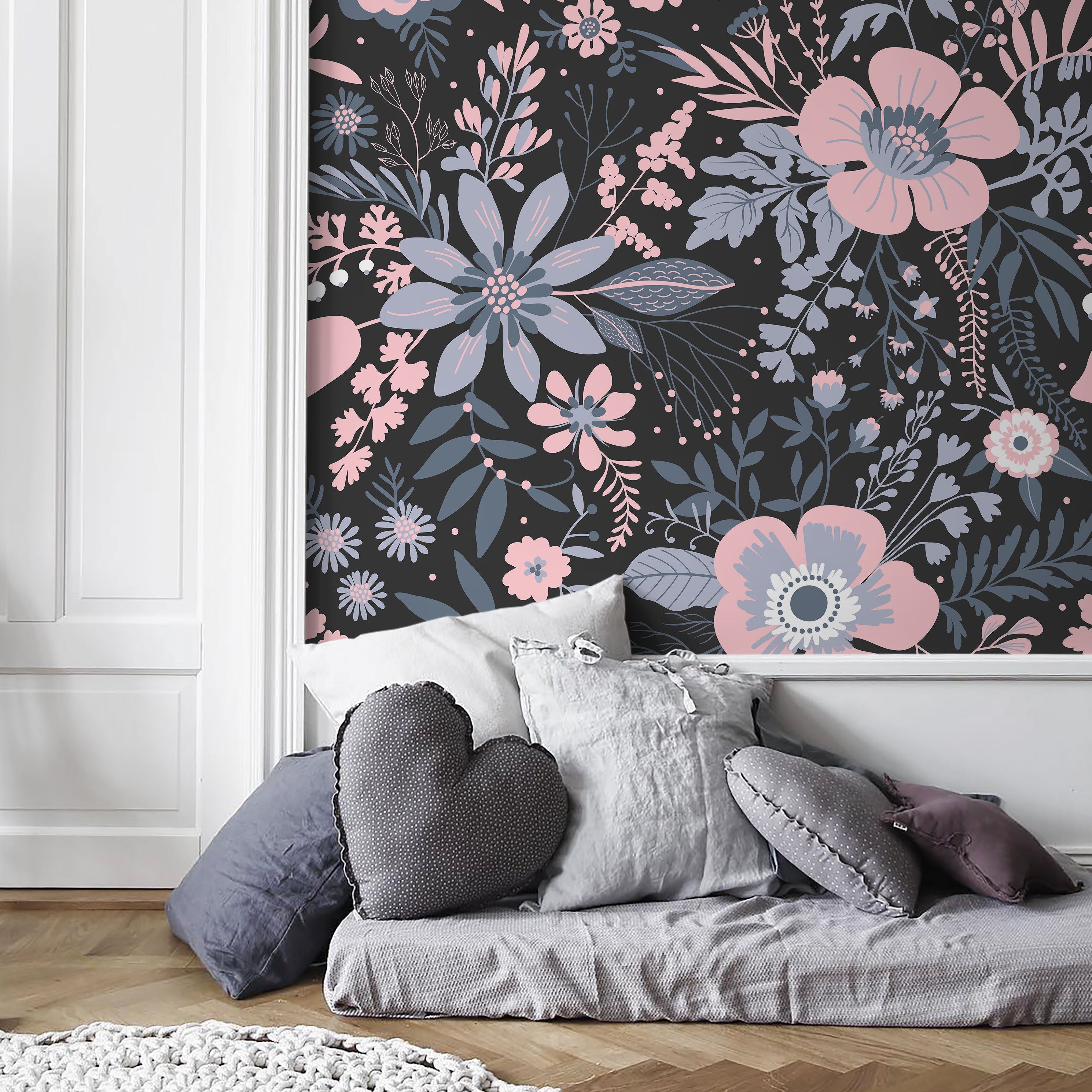 Floral Wallpaper With A Stylized Folk Motif In Pink, Blue, And Black - A560