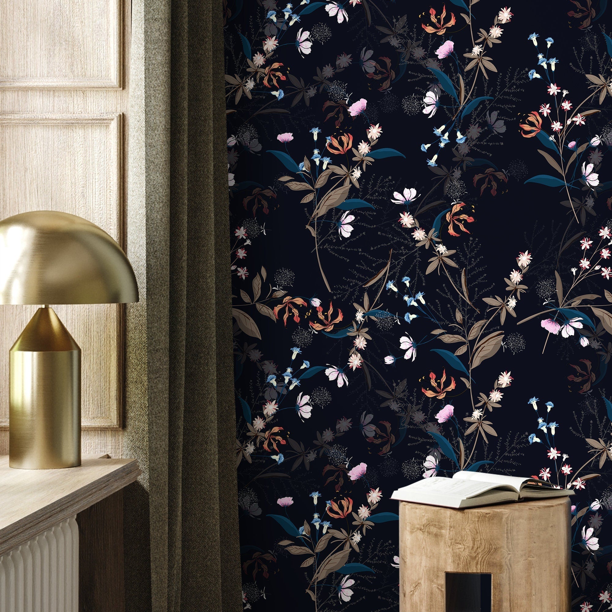 Floral Wallpaper With Hand-drawn Wildflowers In Blue, Orange, And Pink - A564