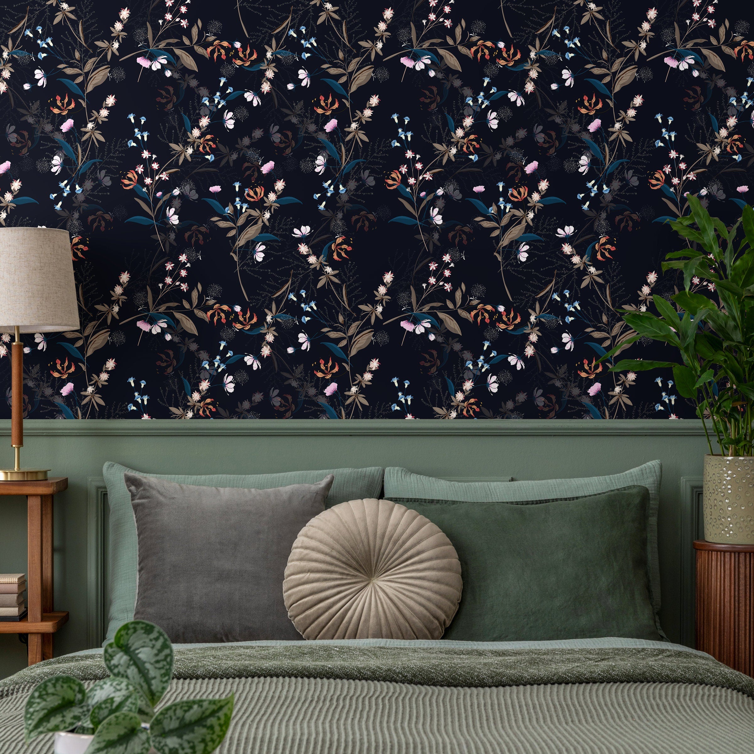 Floral Wallpaper With Hand-drawn Wildflowers In Blue, Orange, And Pink - A564