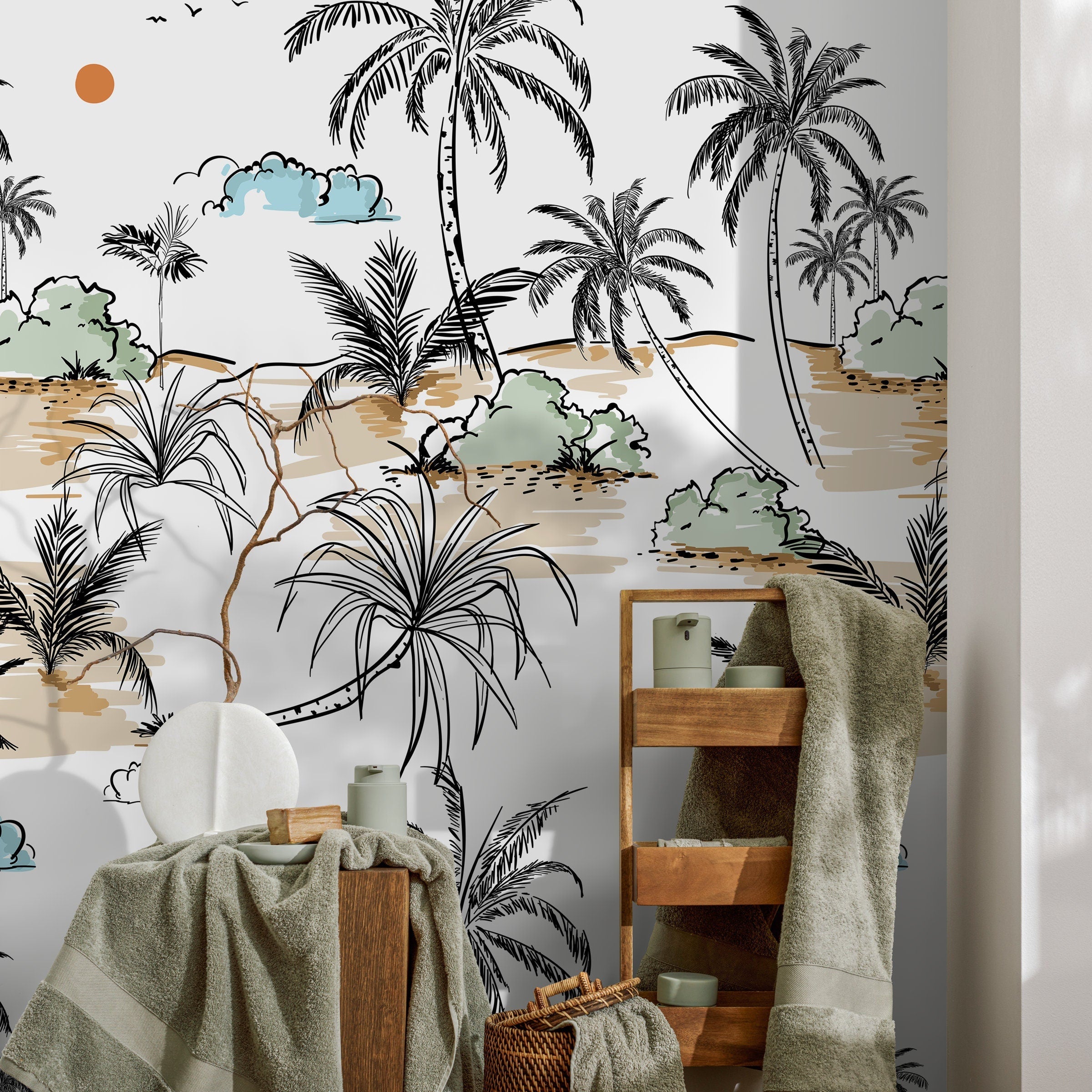 Tropical Wallpaper With A Hand-drawn Palm Tree Scene In Black, Beige, And Green - A570