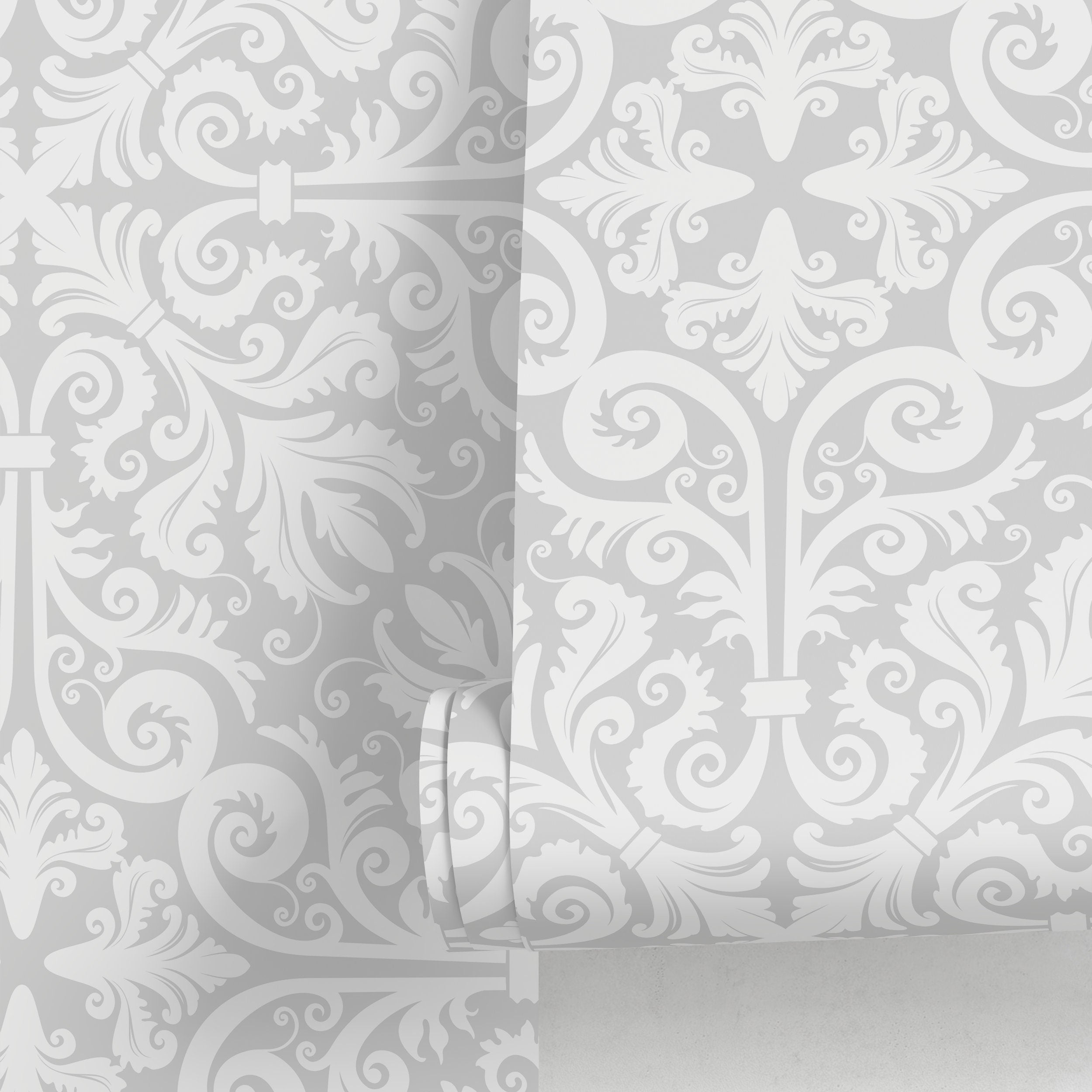 Victorian Wallpaper With An Ornate Damask Motif In Gray And White - A574
