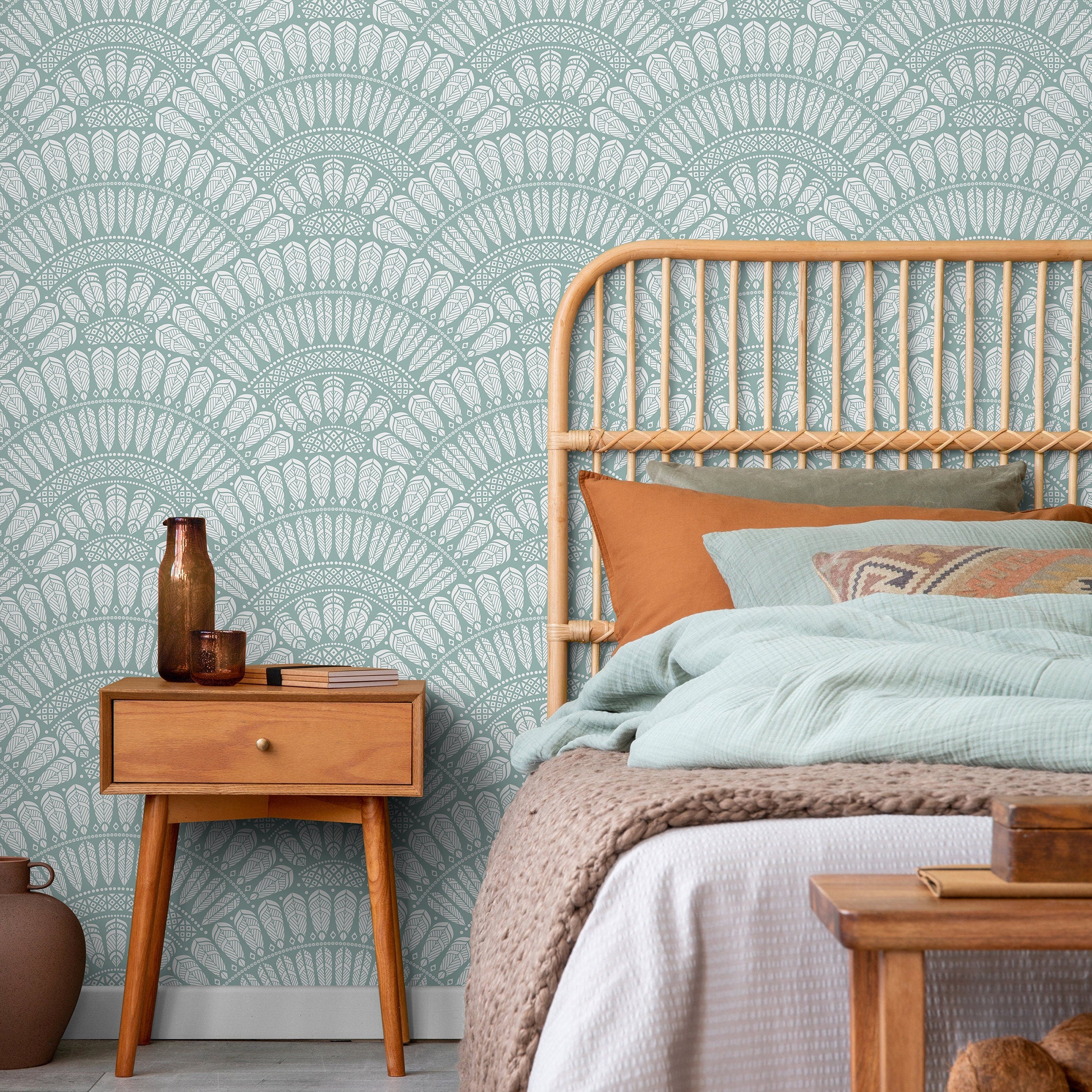 Art Deco Wallpaper With A Scalloped Feather Motif In Sage Green And White - A577