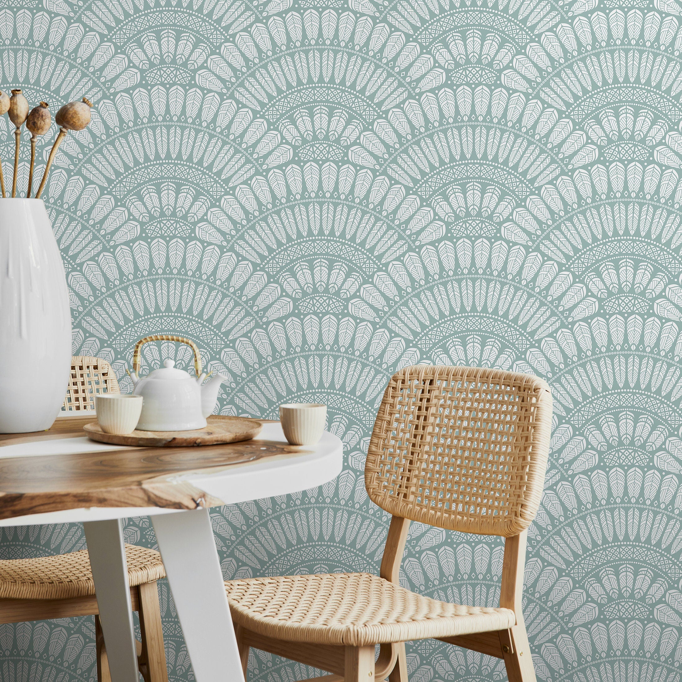 Art Deco Wallpaper With A Scalloped Feather Motif In Sage Green And White - A577