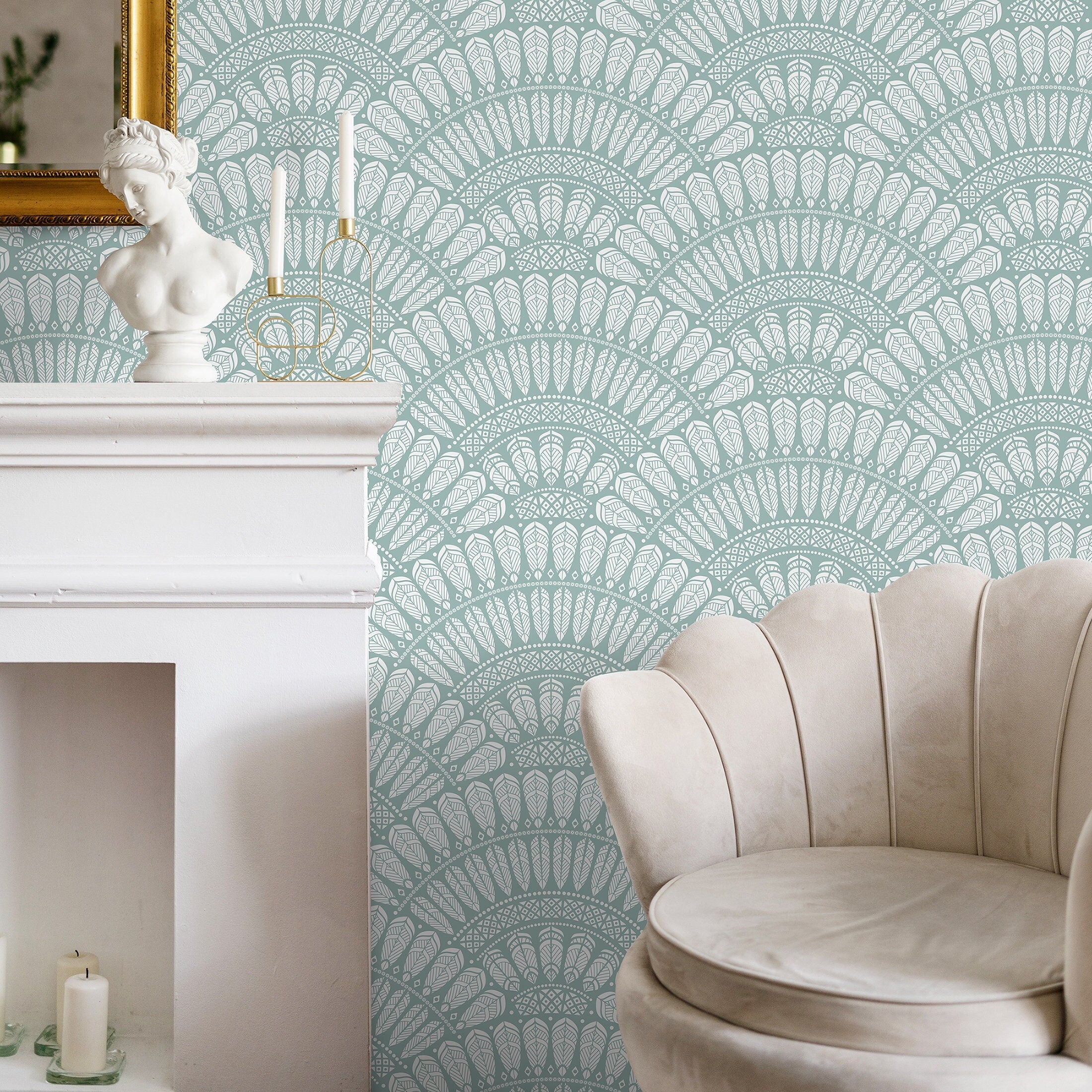 Art Deco Wallpaper With A Scalloped Feather Motif In Sage Green And White - A577