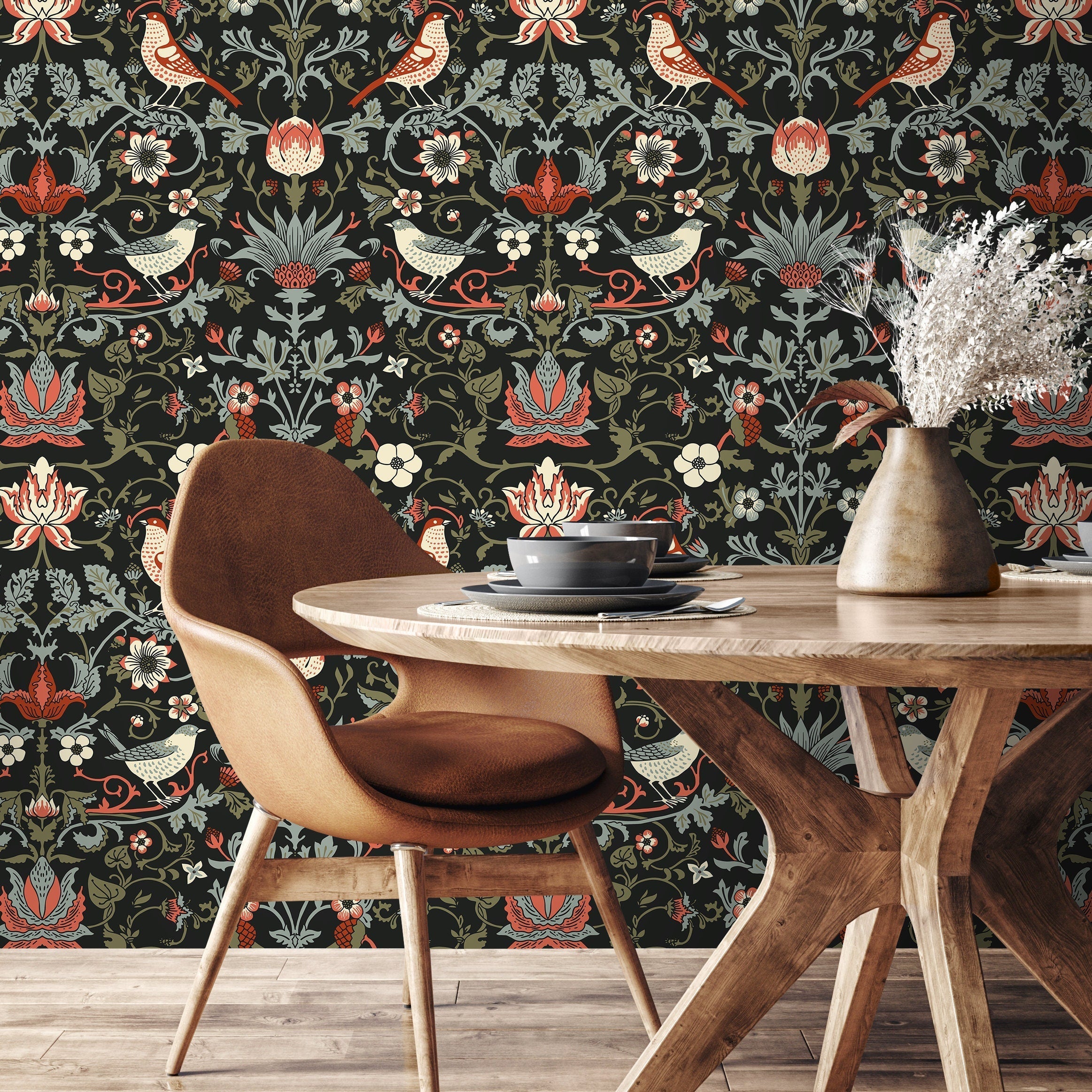 Art Nouveau Wallpaper With Birds And Florals In Red, Green, And Black - A578