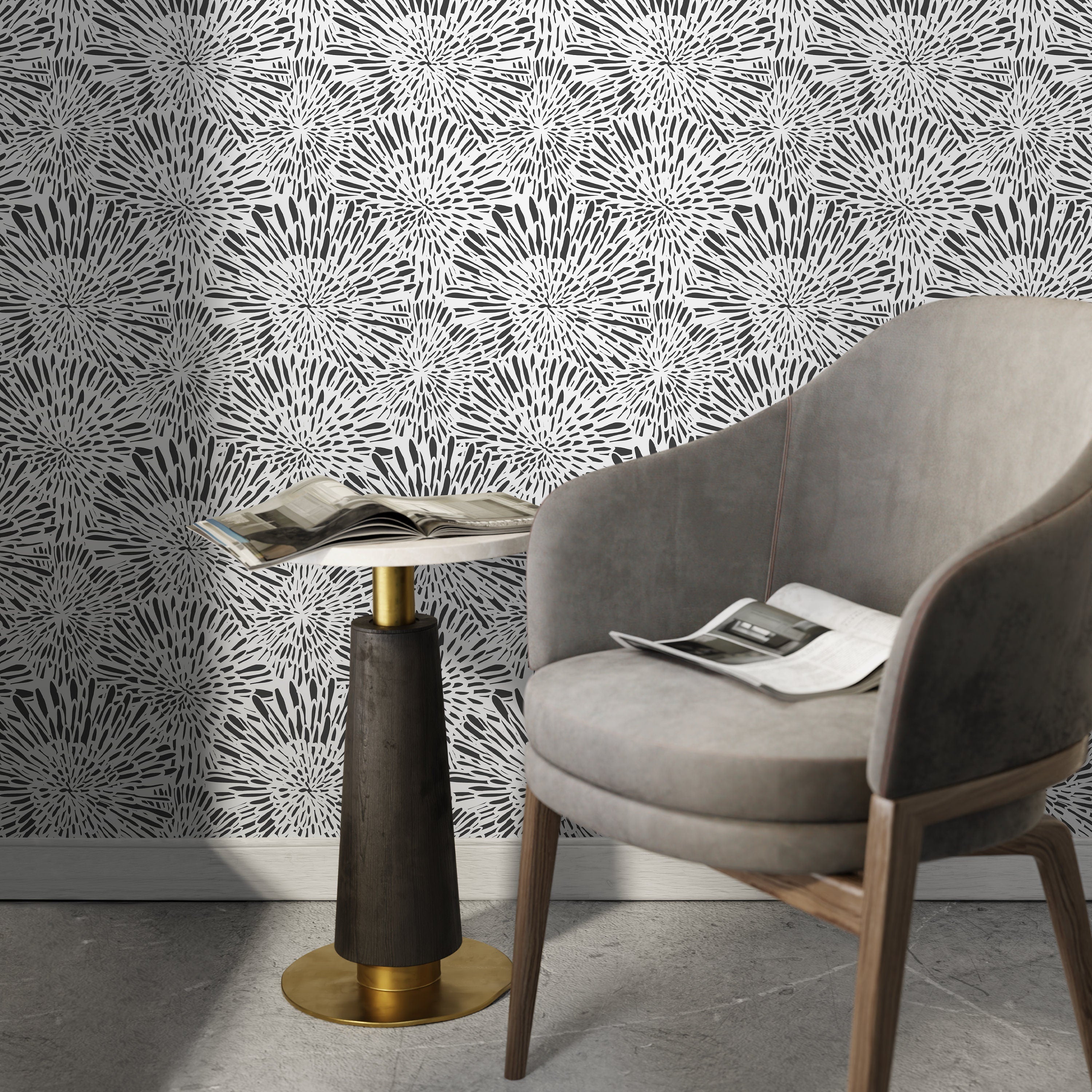 Abstract Wallpaper With A Graphic Starburst Motif In Black And White - A580