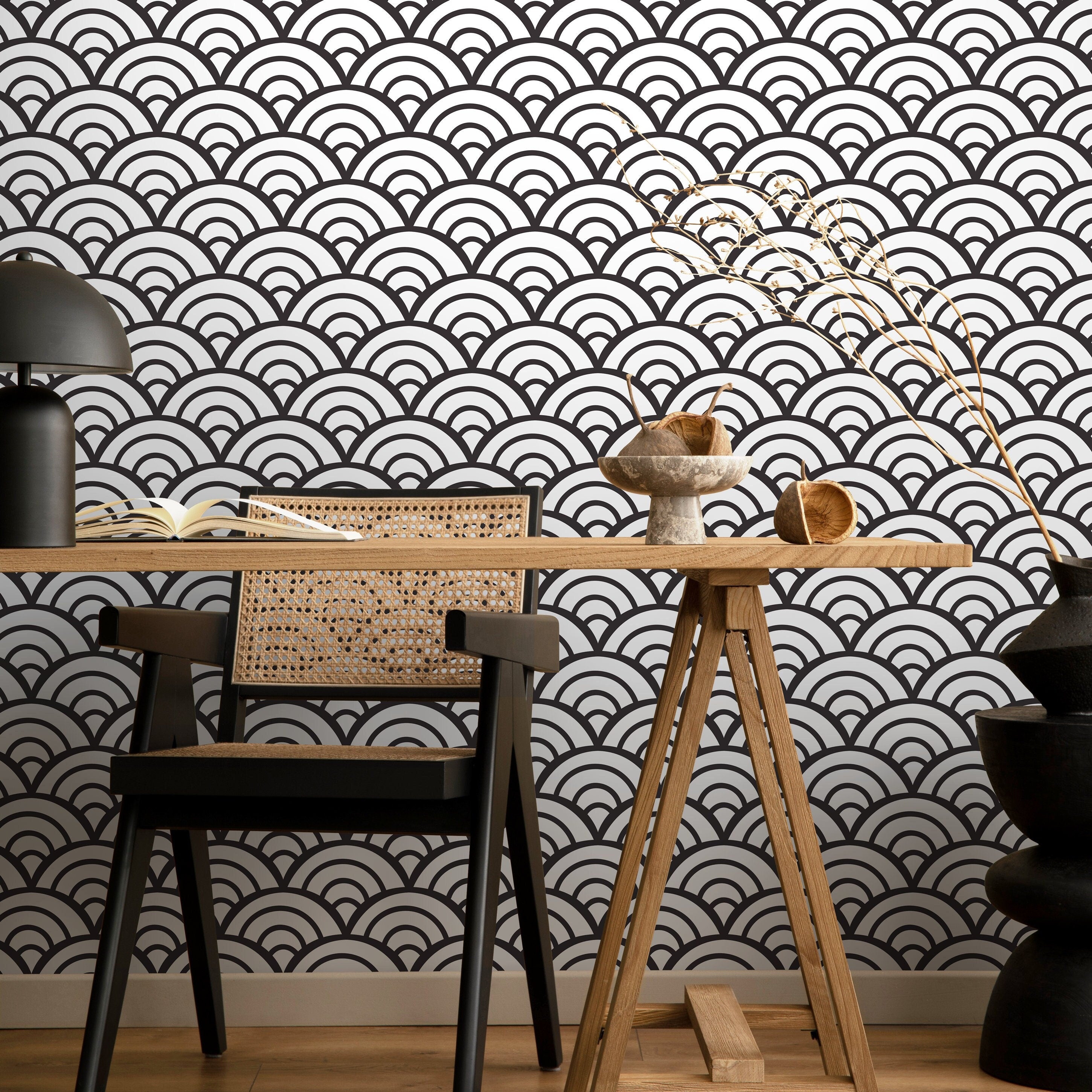 Geometric Wallpaper With A Japanese Wave Pattern In Black And White - A590