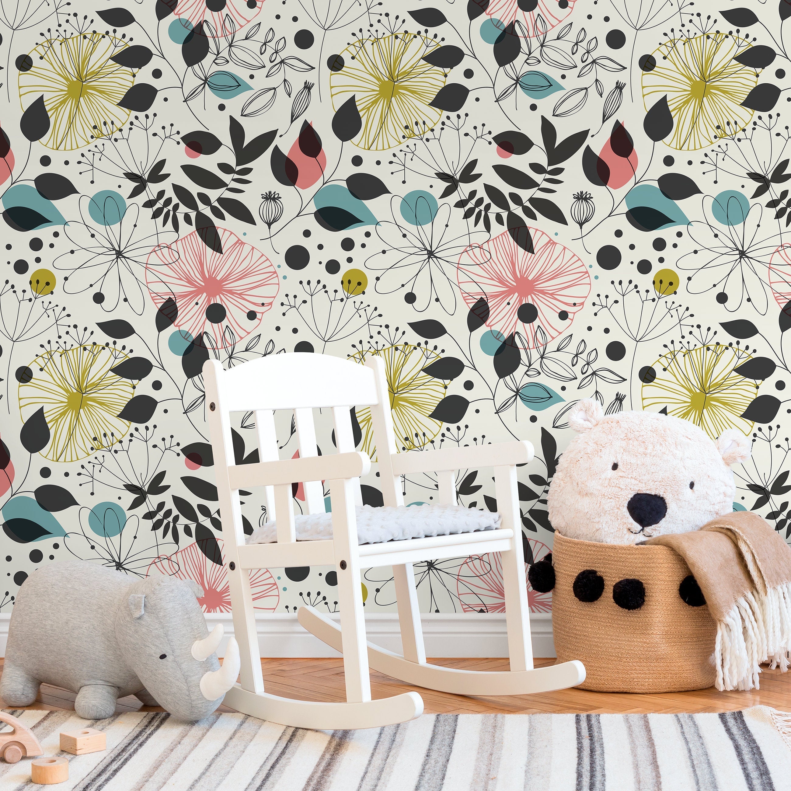 Floral Wallpaper With Abstract Scandinavian Blooms In Pink, Yellow, And Teal - A591