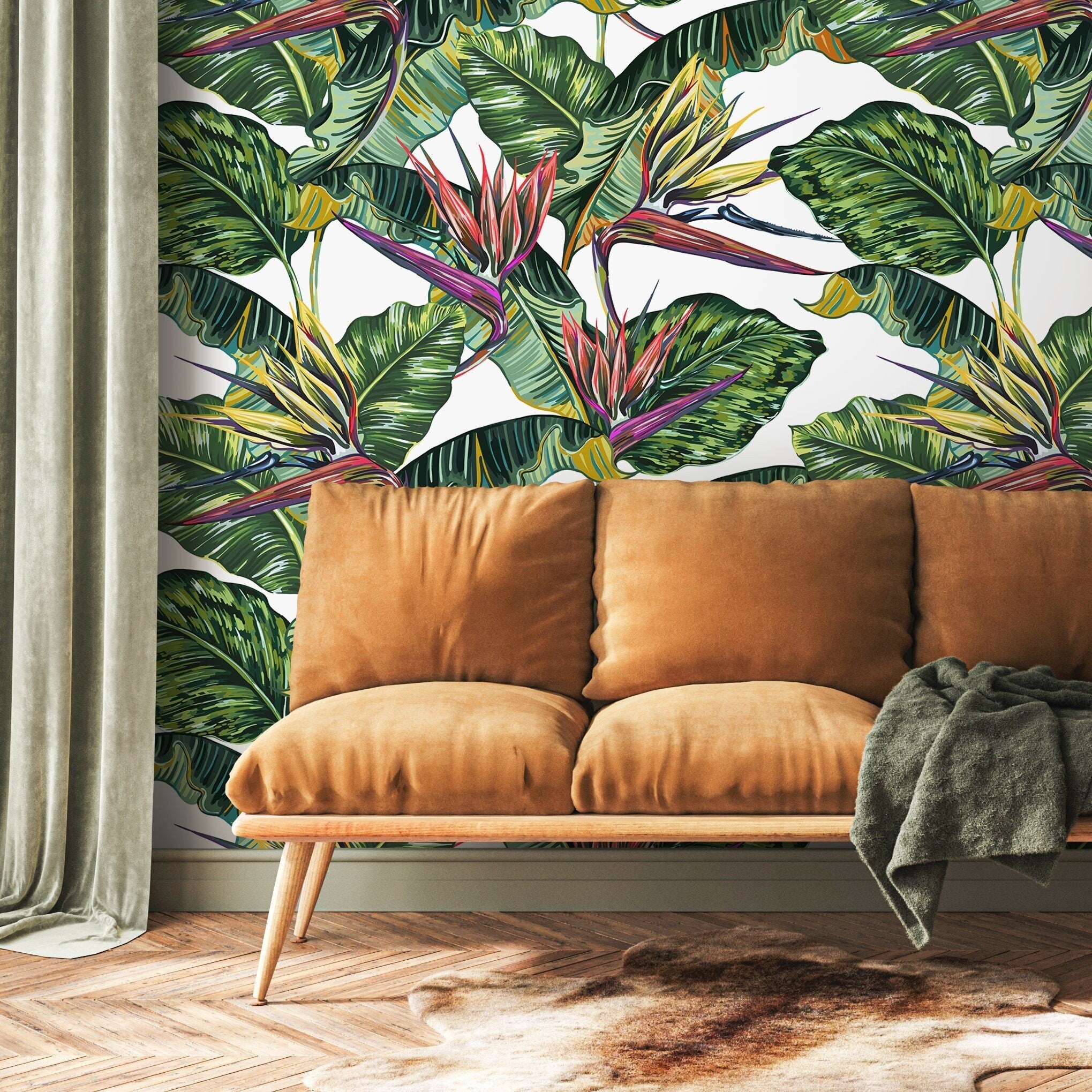 Tropical Wallpaper With Bird Of Paradise Flowers In Green, Red, And Purple - A433