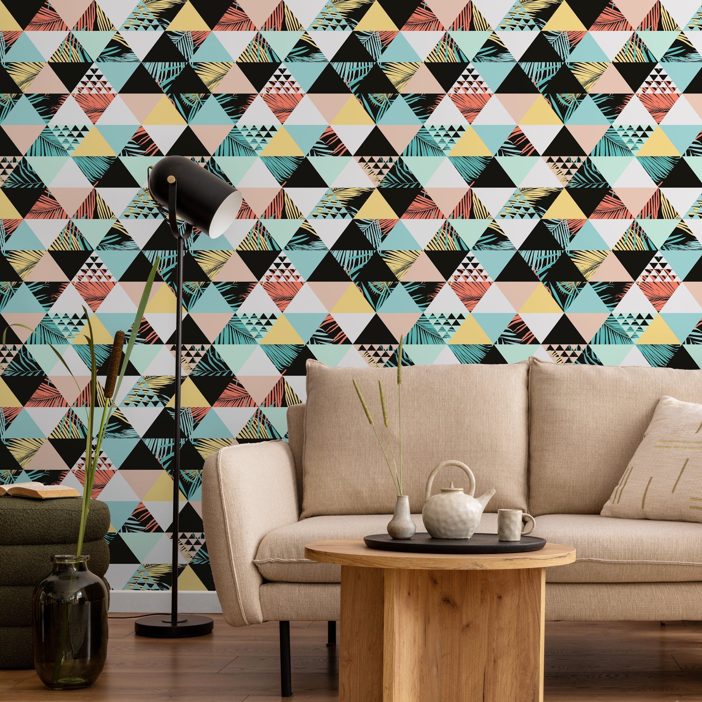 Geometric Wallpaper With A Tropical Triangle Motif In Teal, Coral, And Yellow - A599