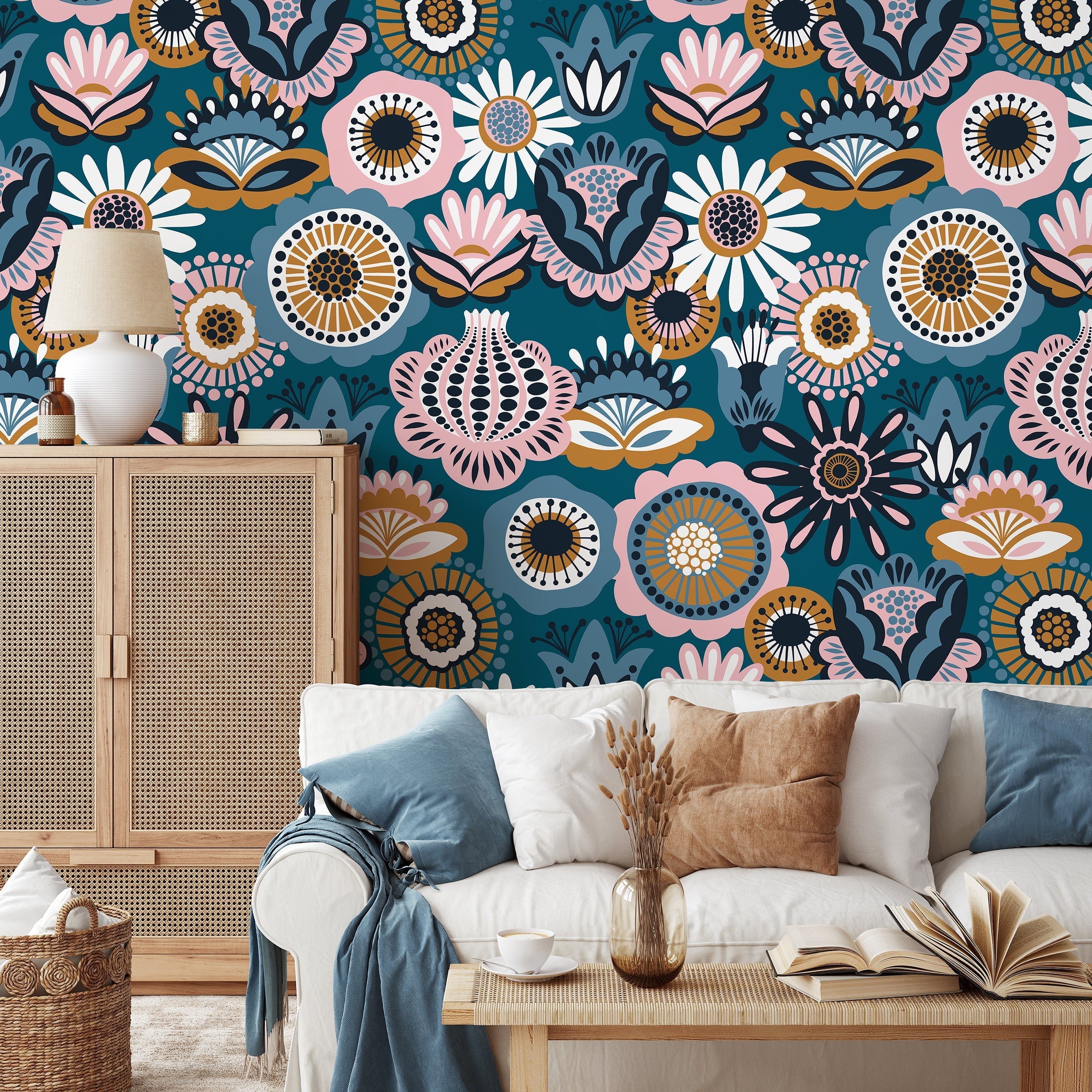 Floral Wallpaper With A Scandinavian Folk Art Motif In Teal, Pink, And Ochre - A785