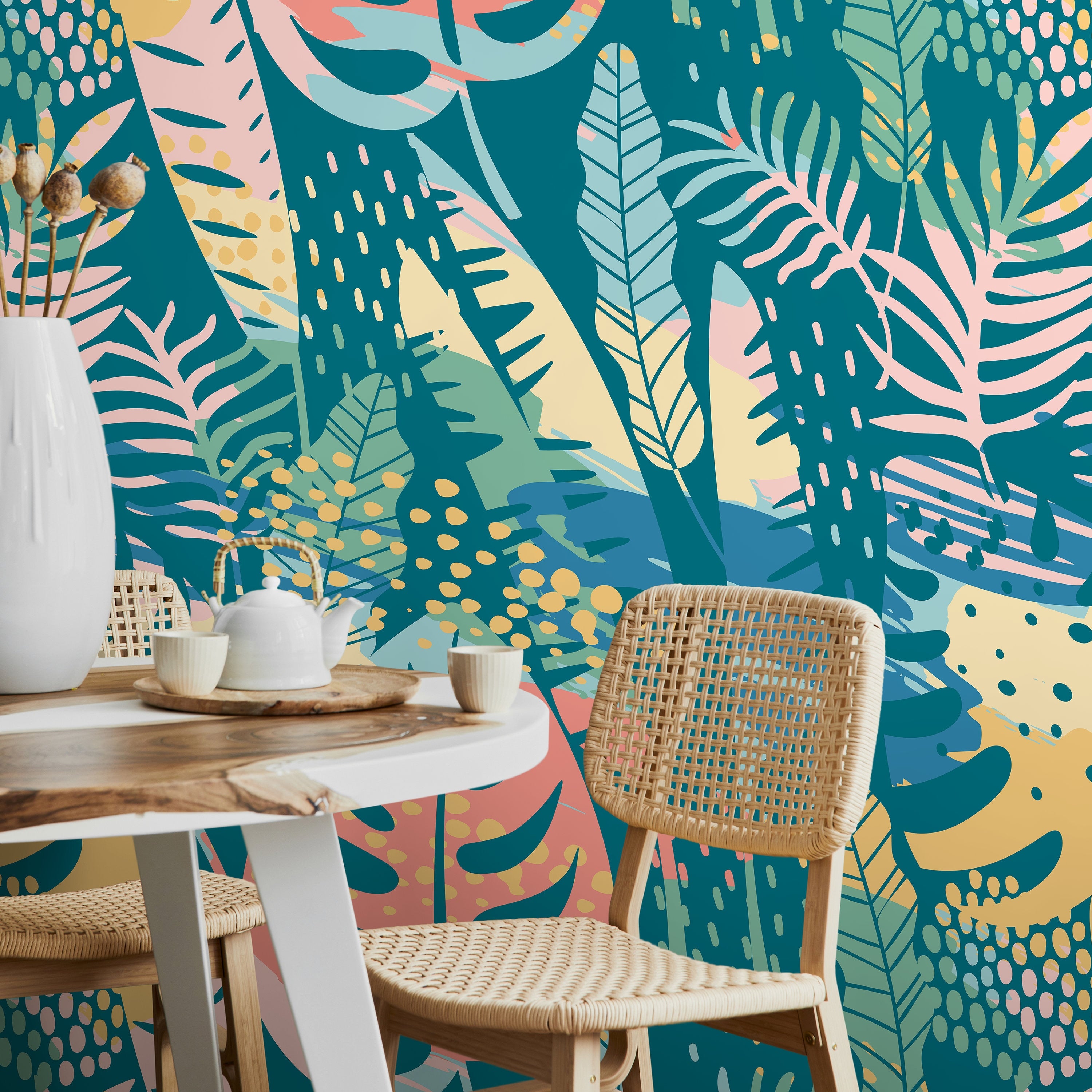 Botanical Wallpaper With Abstract Tropical Leaves In Teal, Pink, And Yellow - A787
