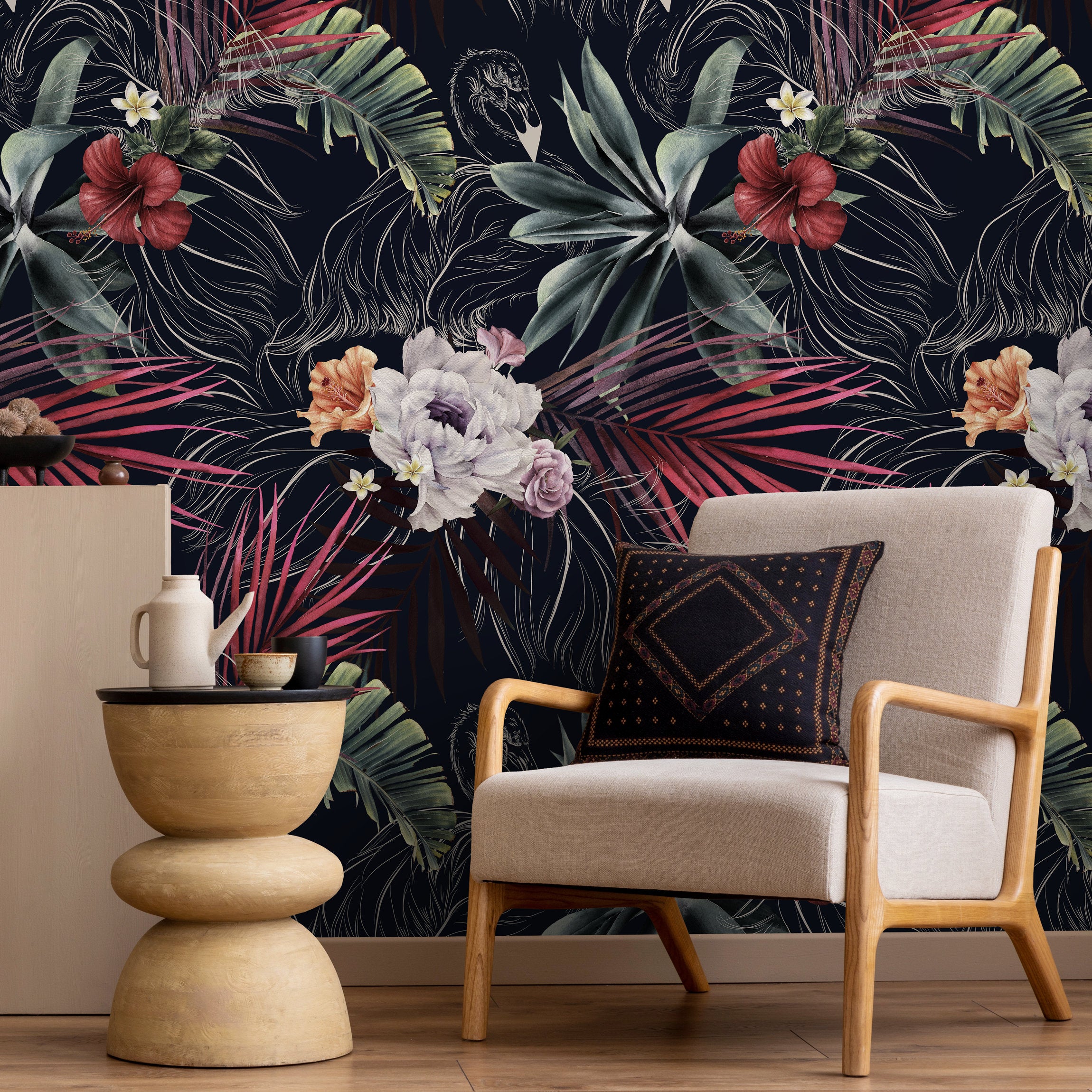 Tropical Wallpaper With Exotic Flowers And Palm Leaves In Red, Green, And Purple - A839