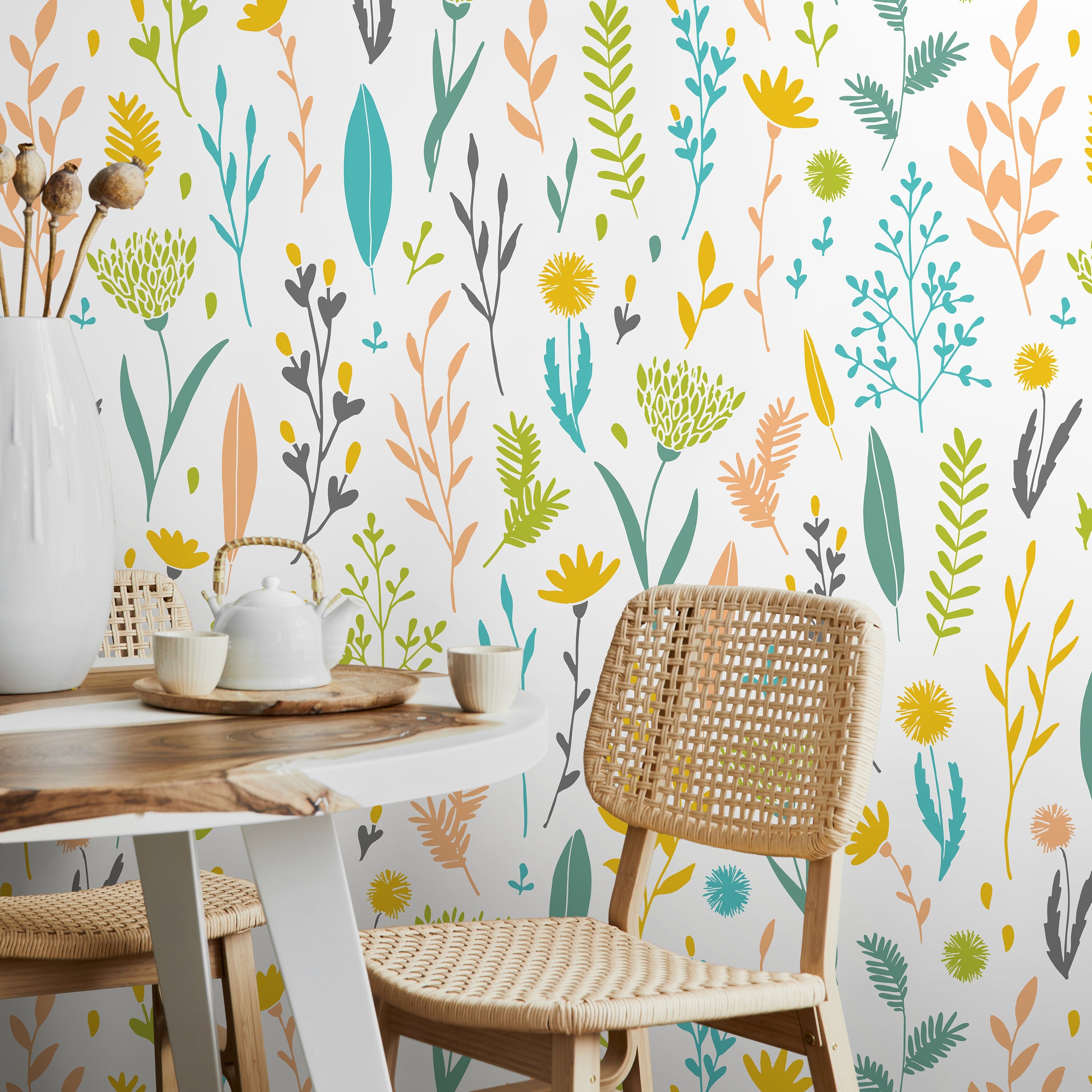 Botanical Wallpaper With A Wildflower Motif In Yellow, Teal, And Green - A881