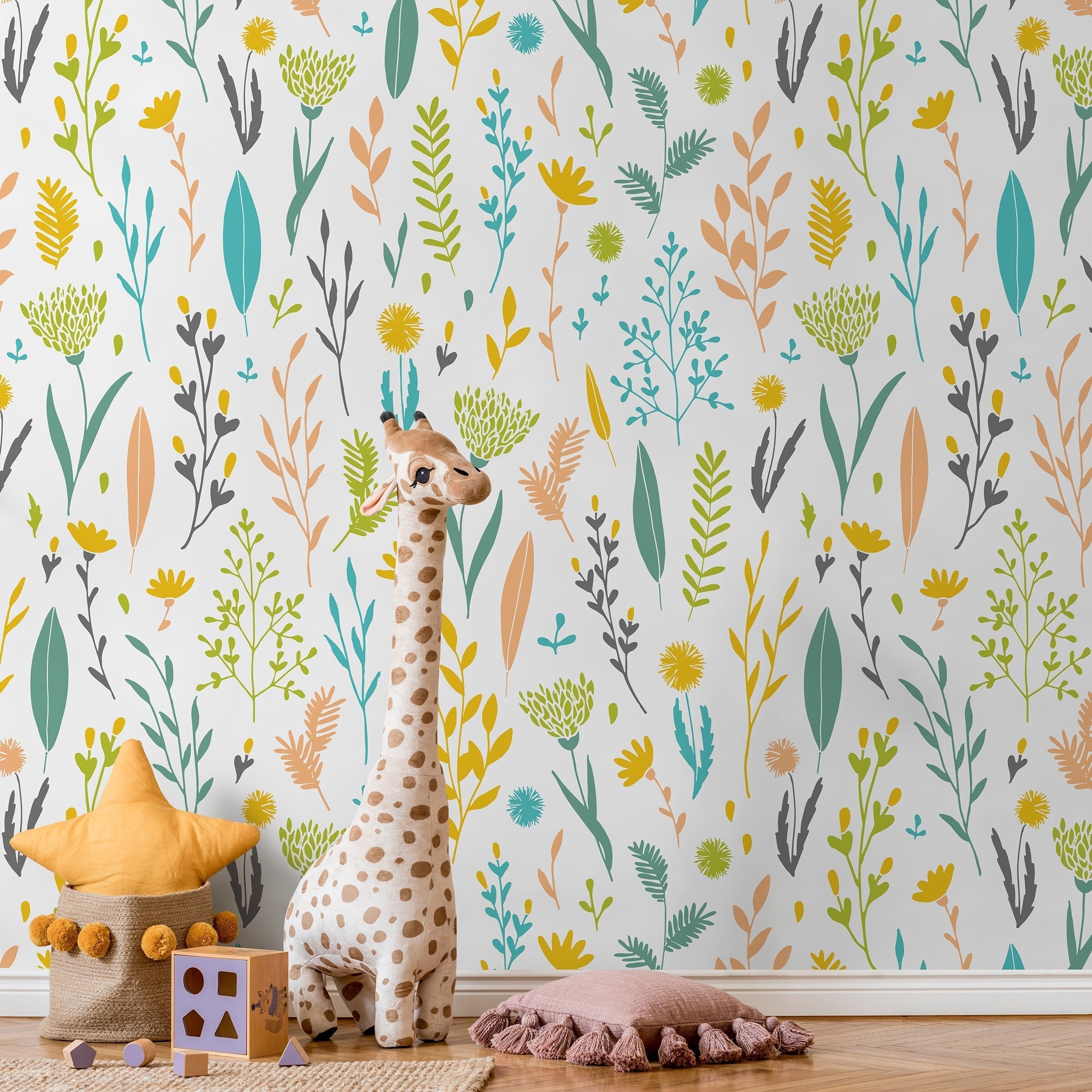 Botanical Wallpaper With A Wildflower Motif In Yellow, Teal, And Green - A881