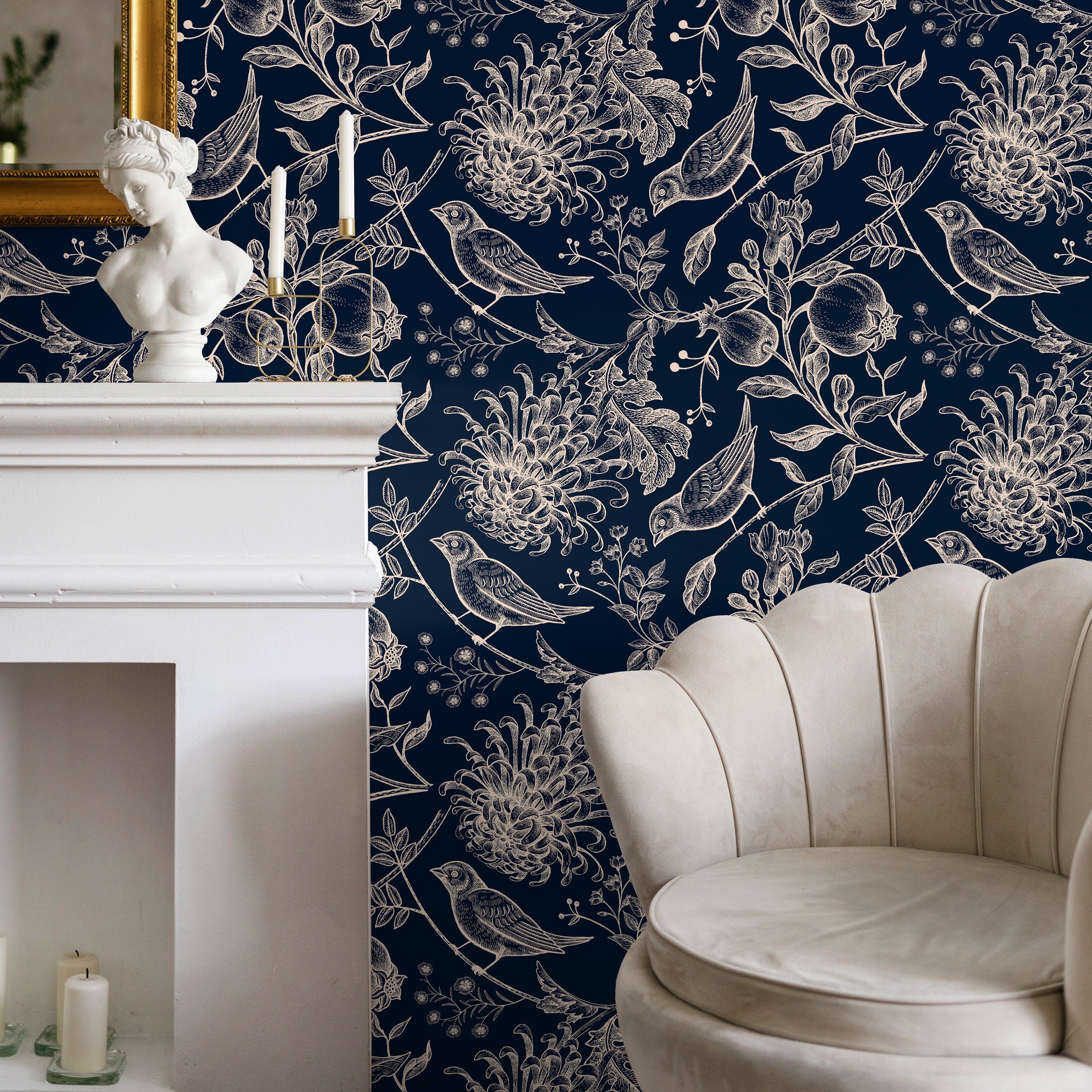 Chinoiserie Wallpaper With An Engraved Bird And Botanical Print In Navy Blue And Cream - A903