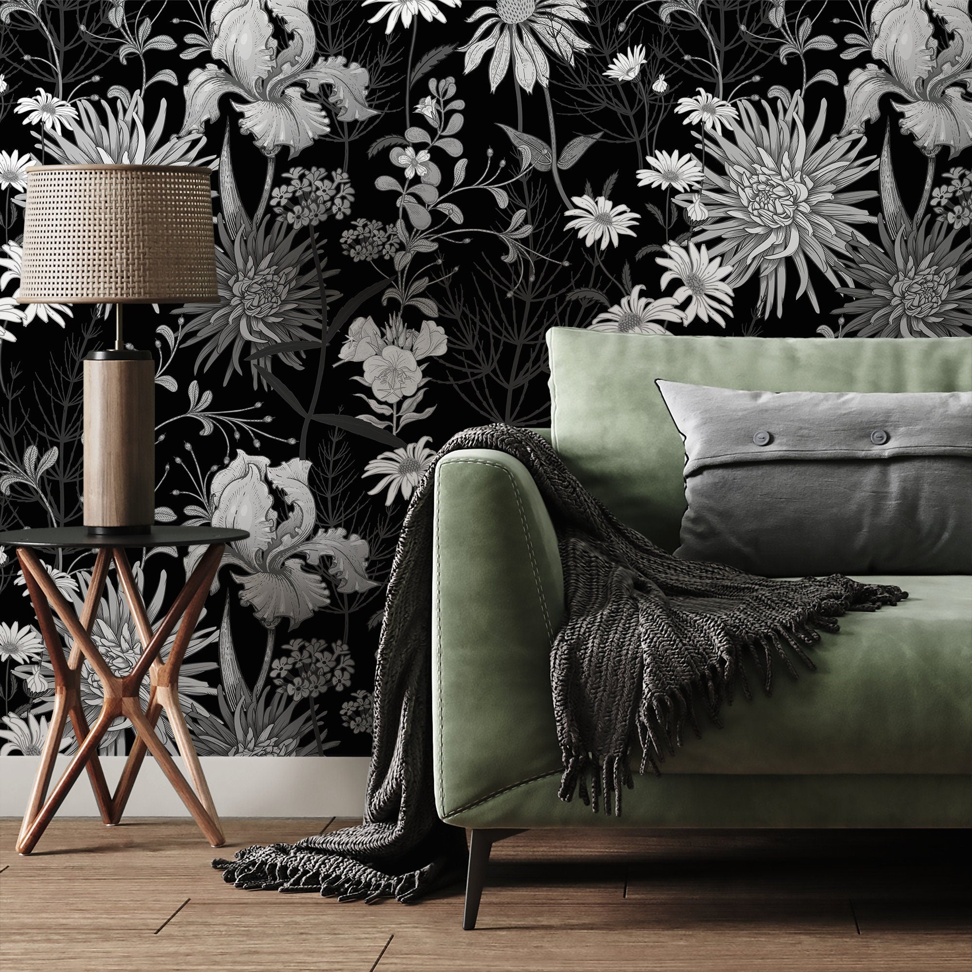 Floral Wallpaper With A Vintage Botanical Meadow In Black And White - A915