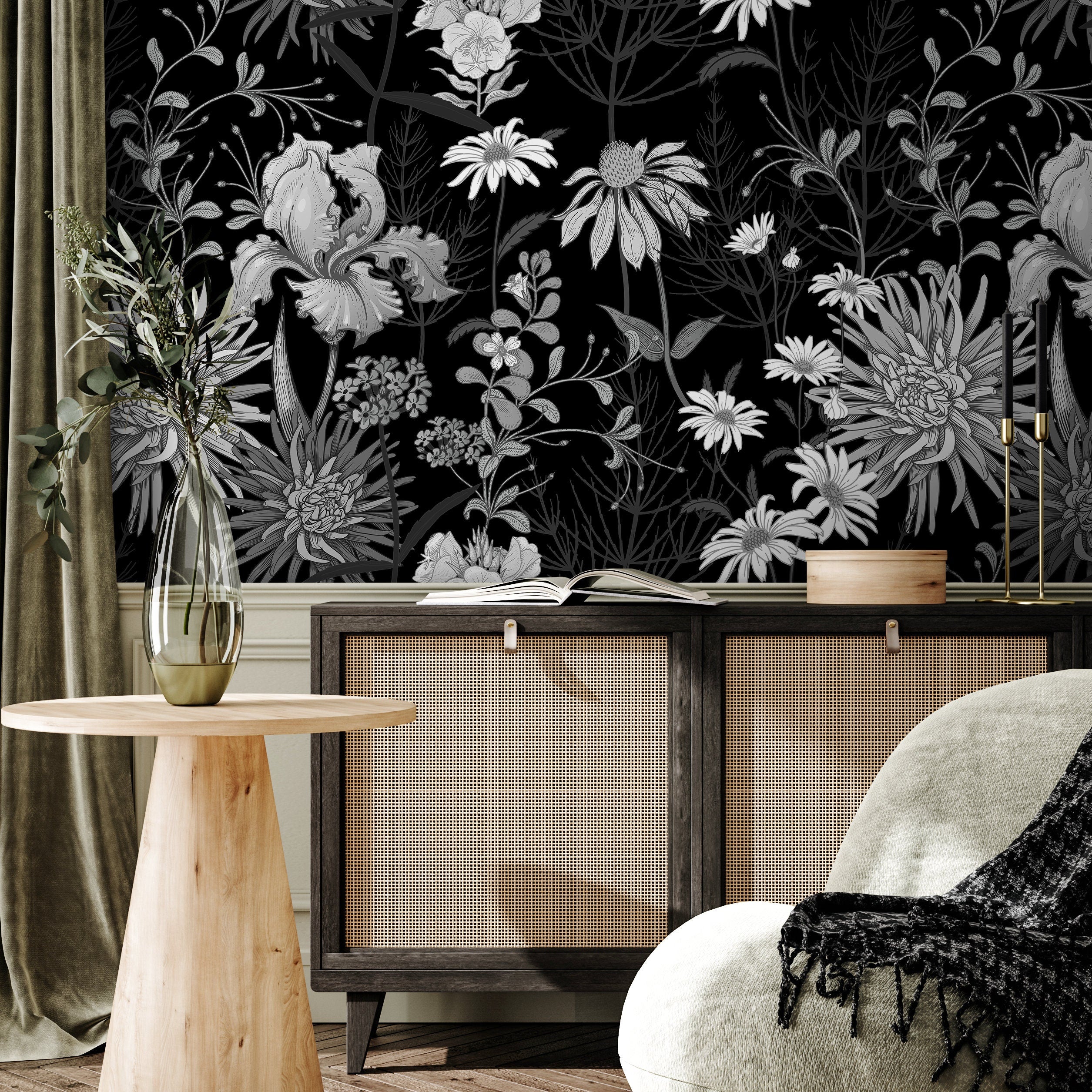 Floral Wallpaper With A Vintage Botanical Meadow In Black And White - A915