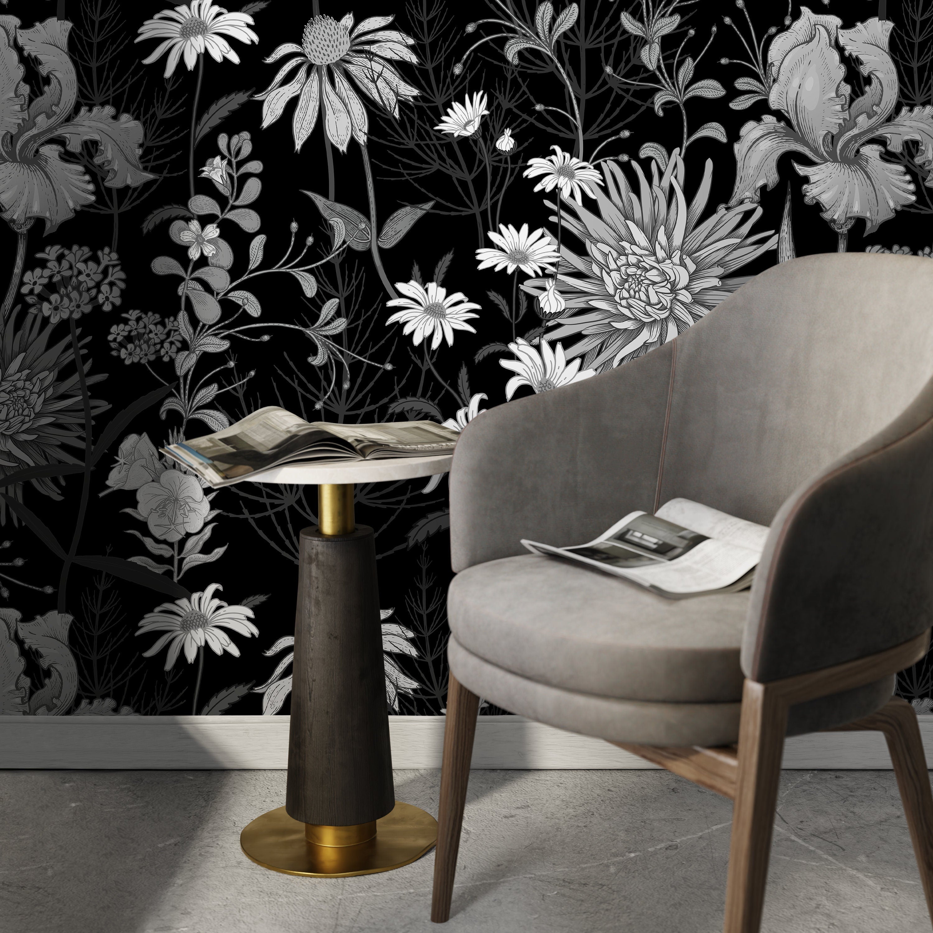 Floral Wallpaper With A Vintage Botanical Meadow In Black And White - A915