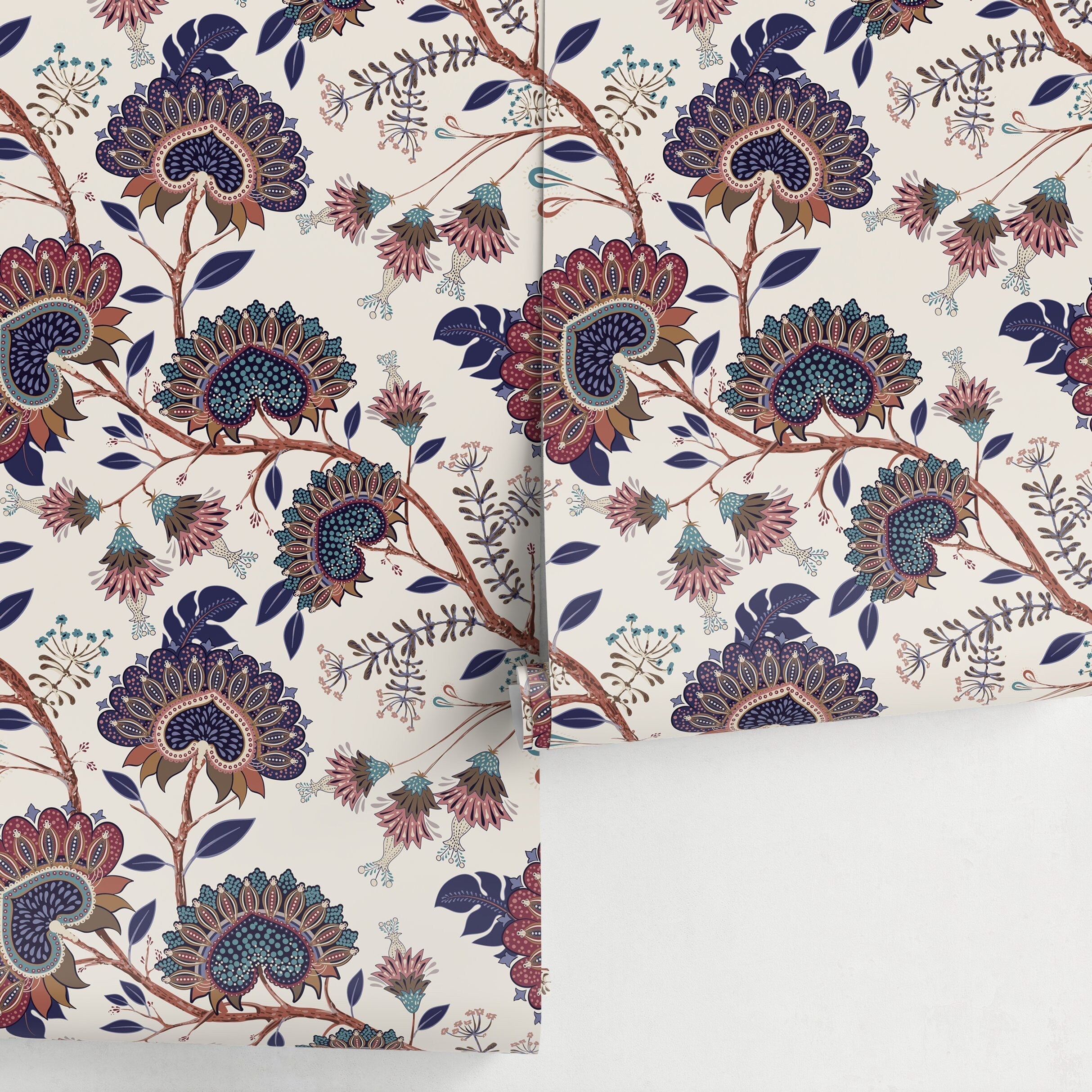 Floral Wallpaper With A Vintage Jacobean Print In Blue, Red, And Brown - A916