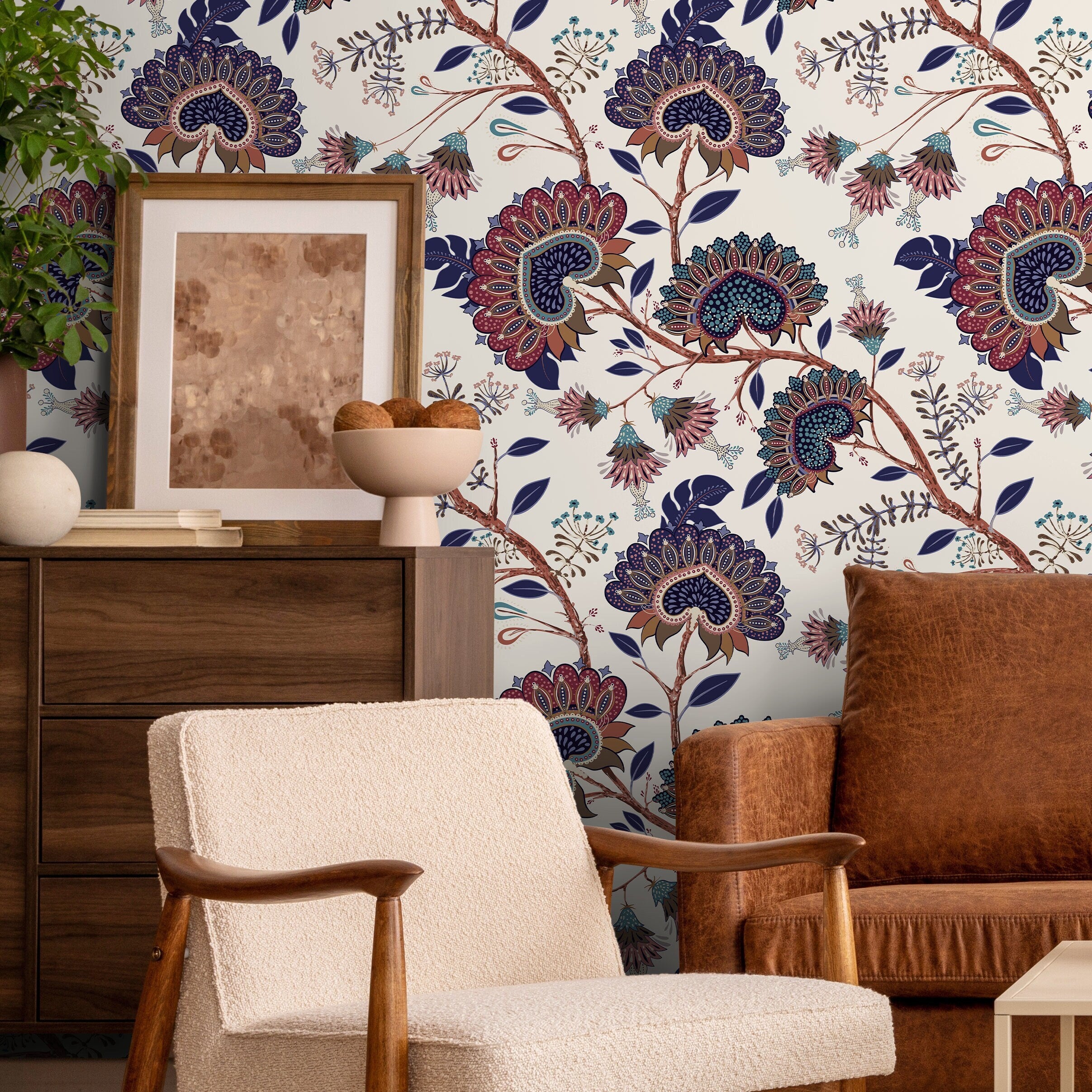Floral Wallpaper With A Vintage Jacobean Print In Blue, Red, And Brown - A916