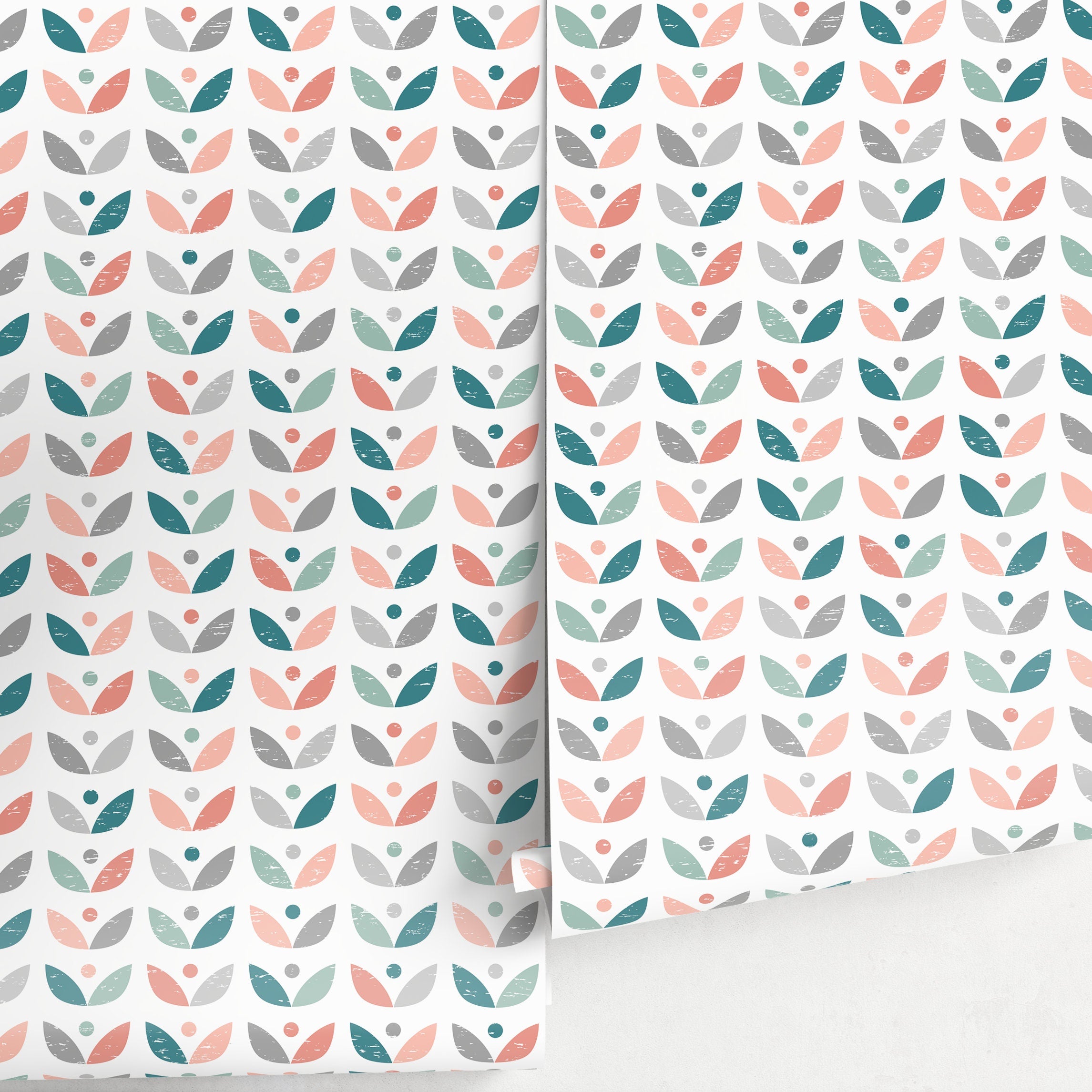 Scandinavian Wallpaper With A Retro Floral Motif In Teal, Coral, And Grey - A724
