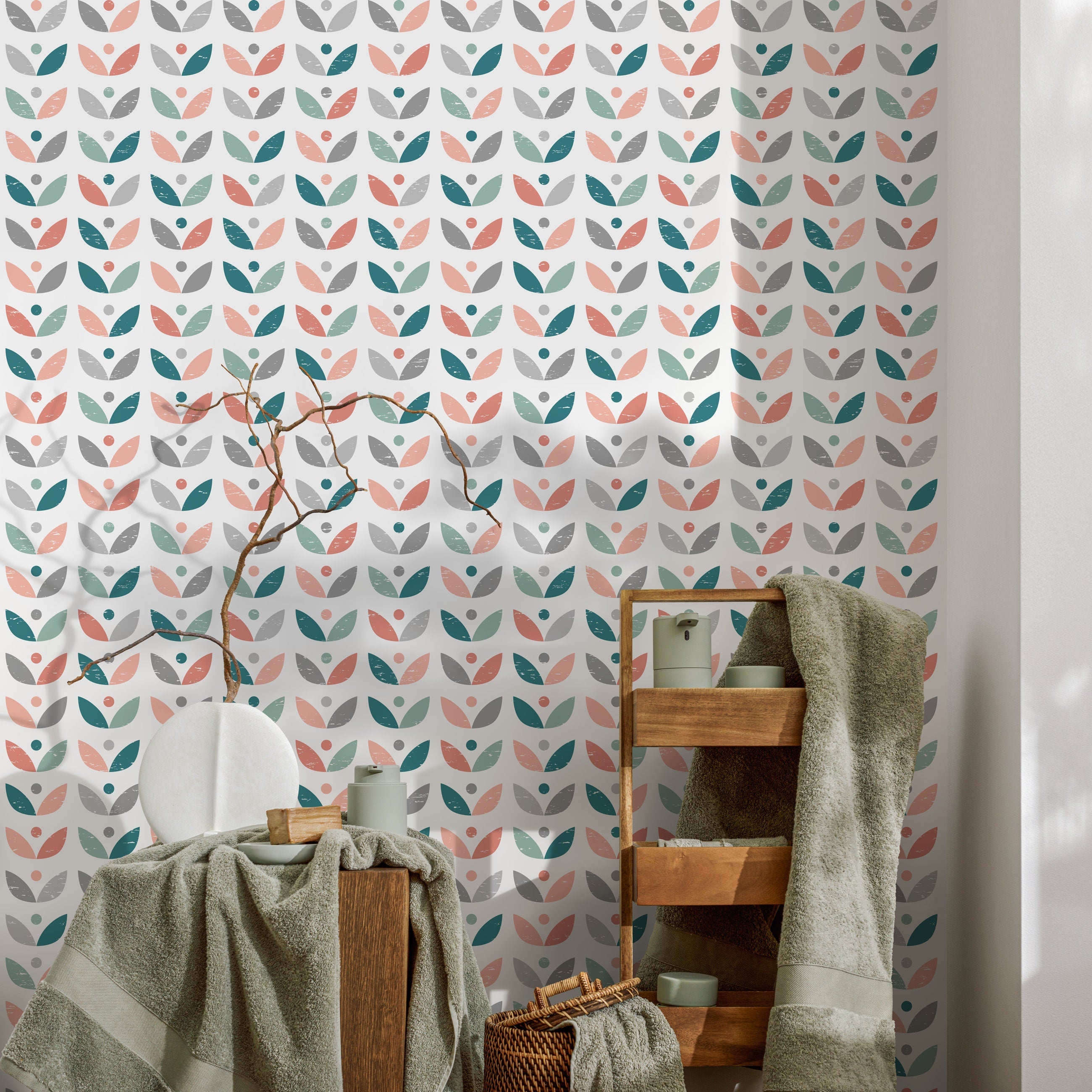 Scandinavian Wallpaper With A Retro Floral Motif In Teal, Coral, And Grey - A724