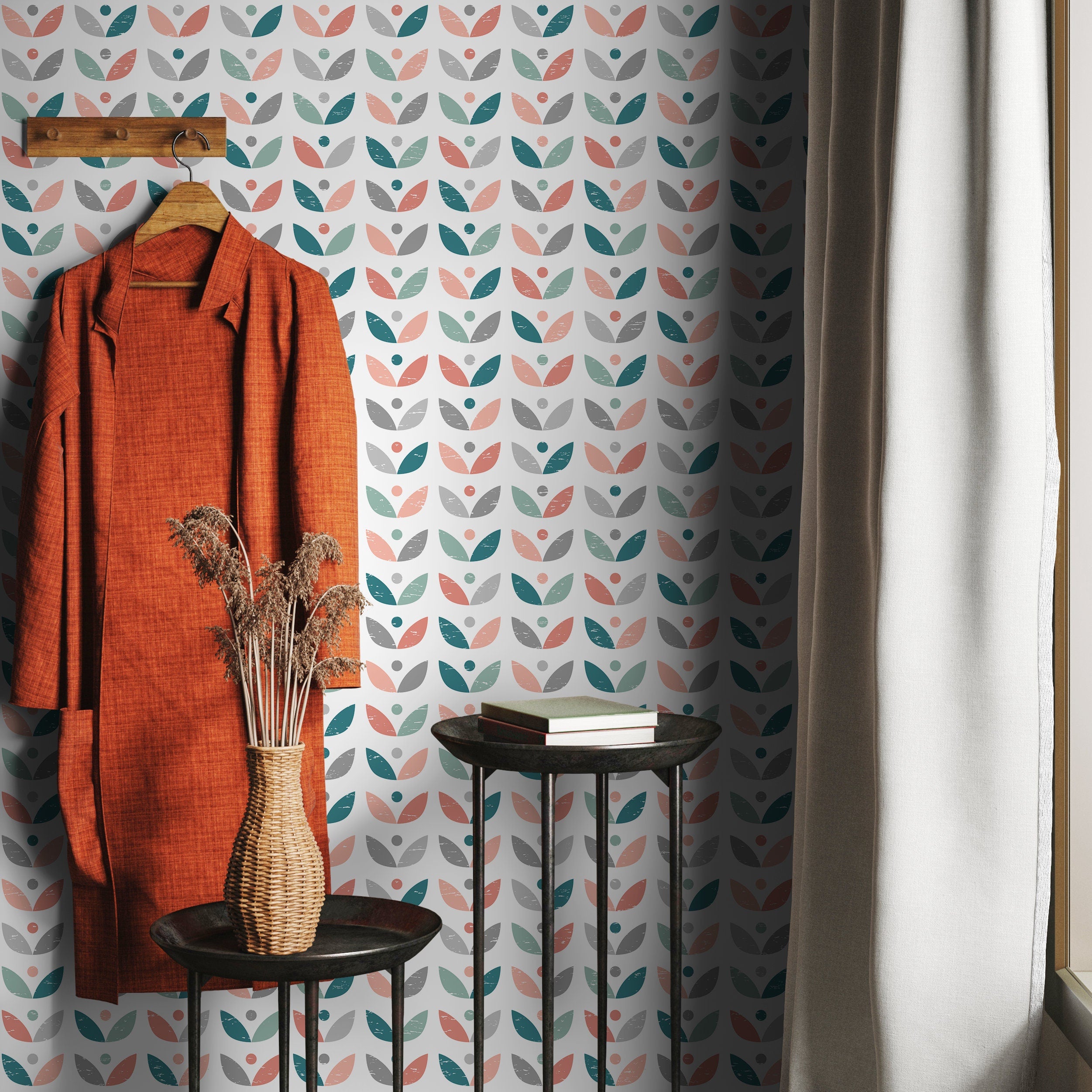 Scandinavian Wallpaper With A Retro Floral Motif In Teal, Coral, And Grey - A724