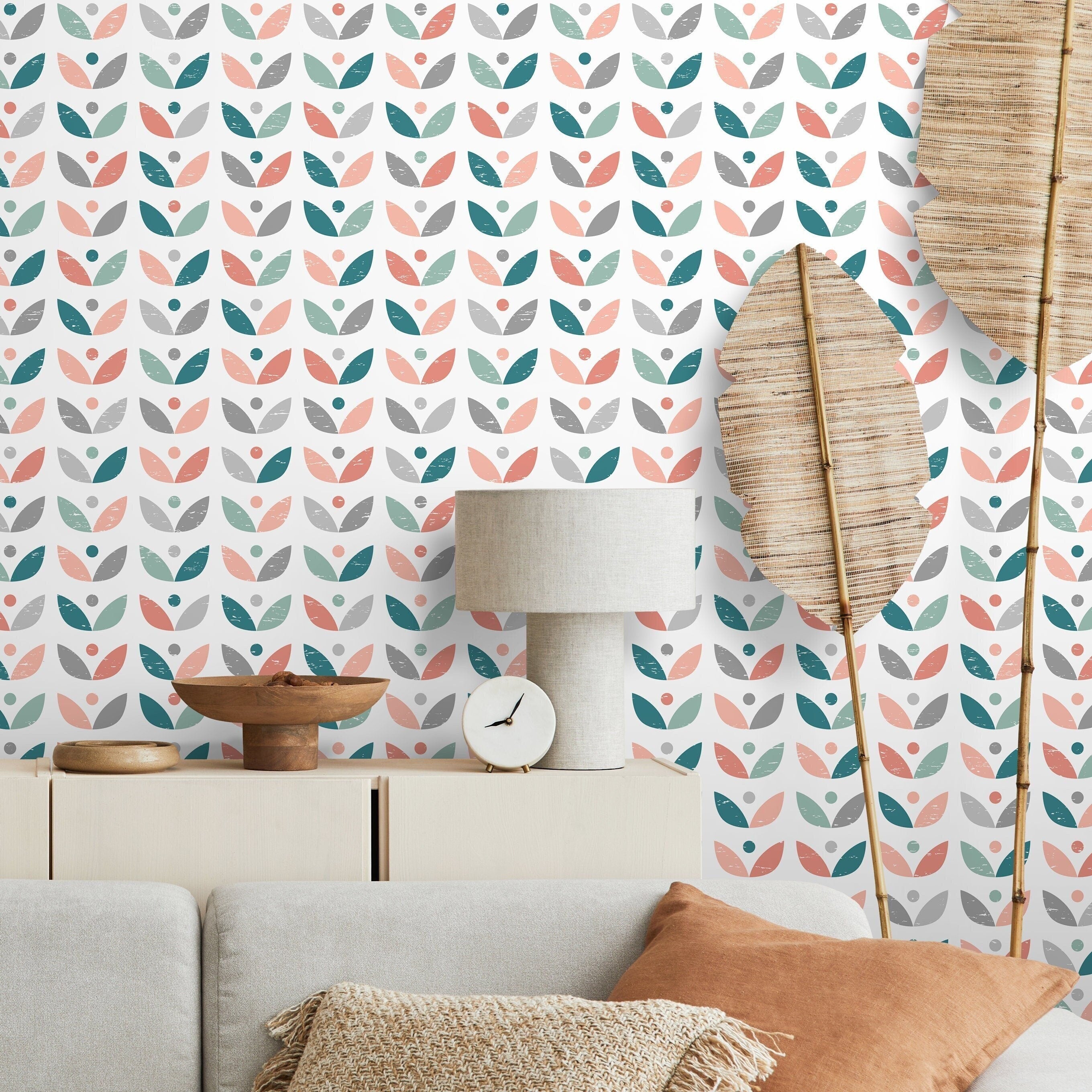 Scandinavian Wallpaper With A Retro Floral Motif In Teal, Coral, And Grey - A724
