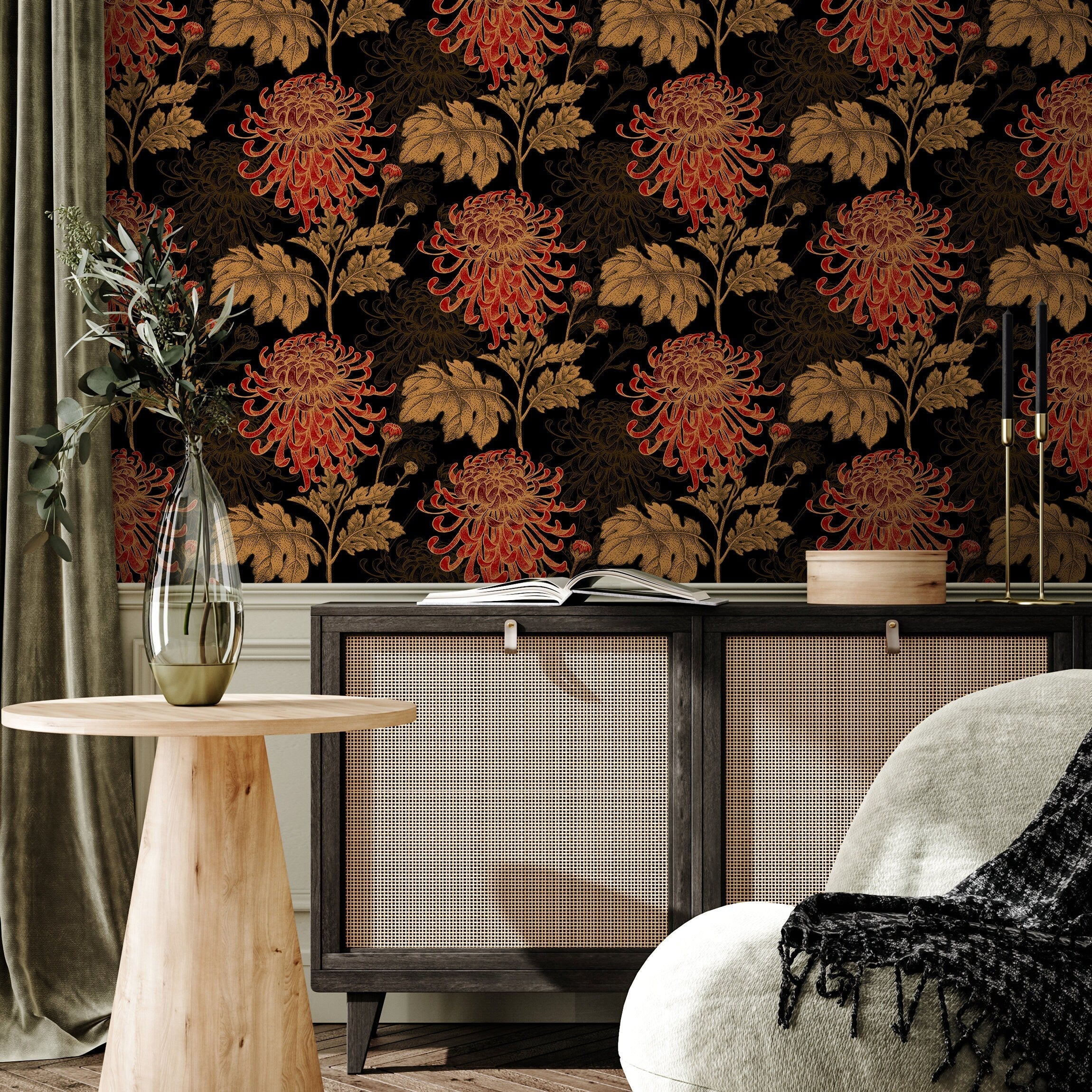 Floral Wallpaper Featuring Hand-drawn Chrysanthemums In Black, Red, And Gold - A923