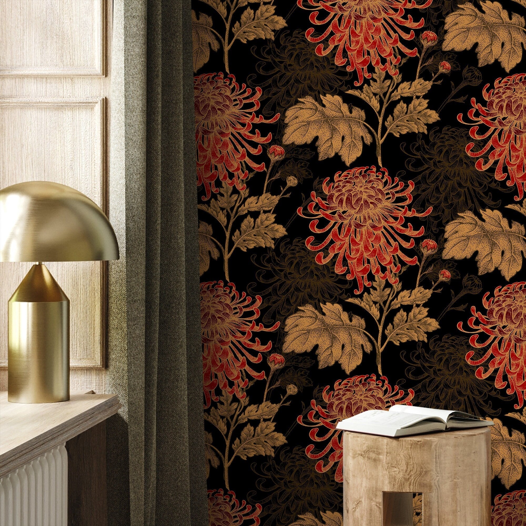 Floral Wallpaper Featuring Hand-drawn Chrysanthemums In Black, Red, And Gold - A923