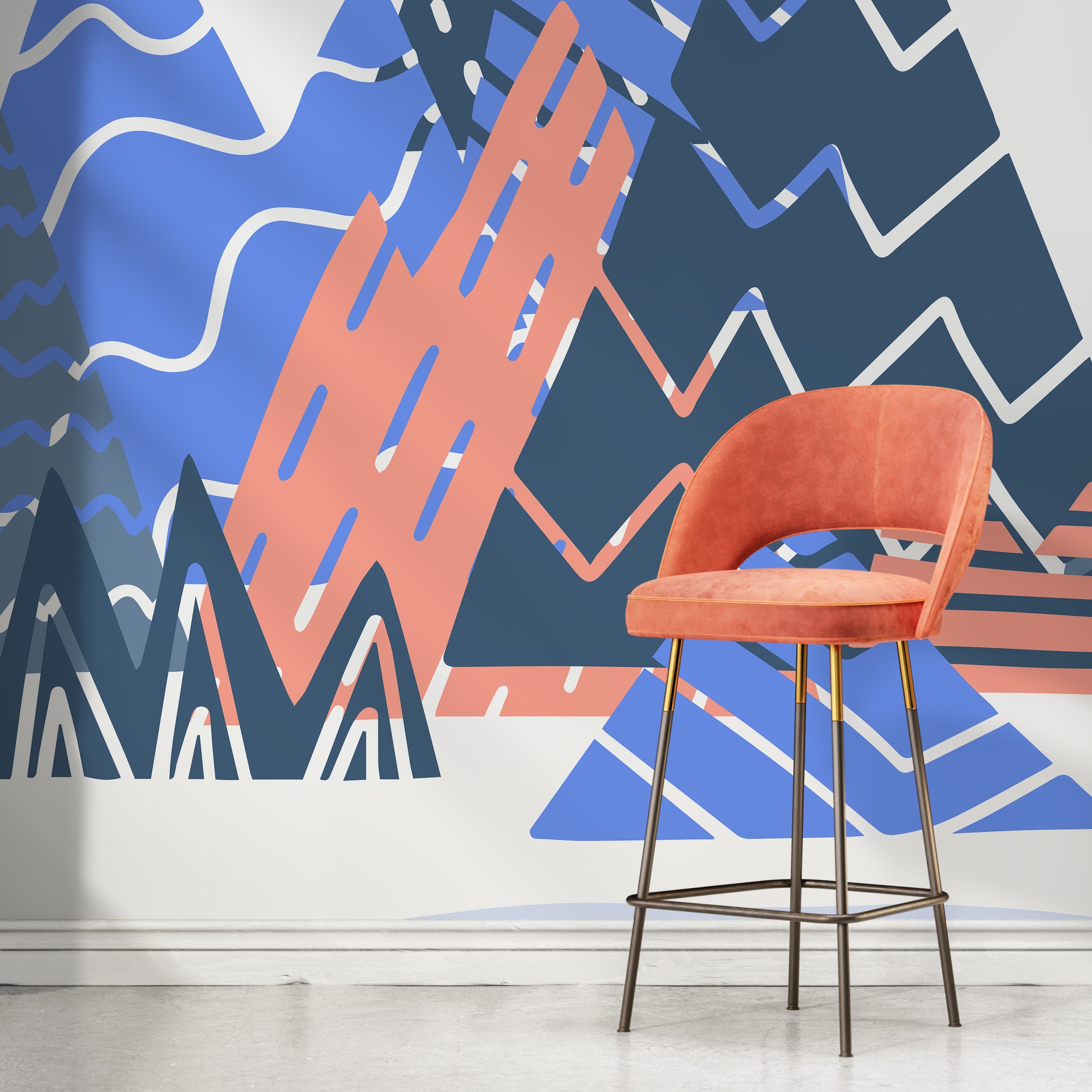 Abstract Wallpaper With A Stylized Mountain Range In Blue, Coral, And Navy - A950