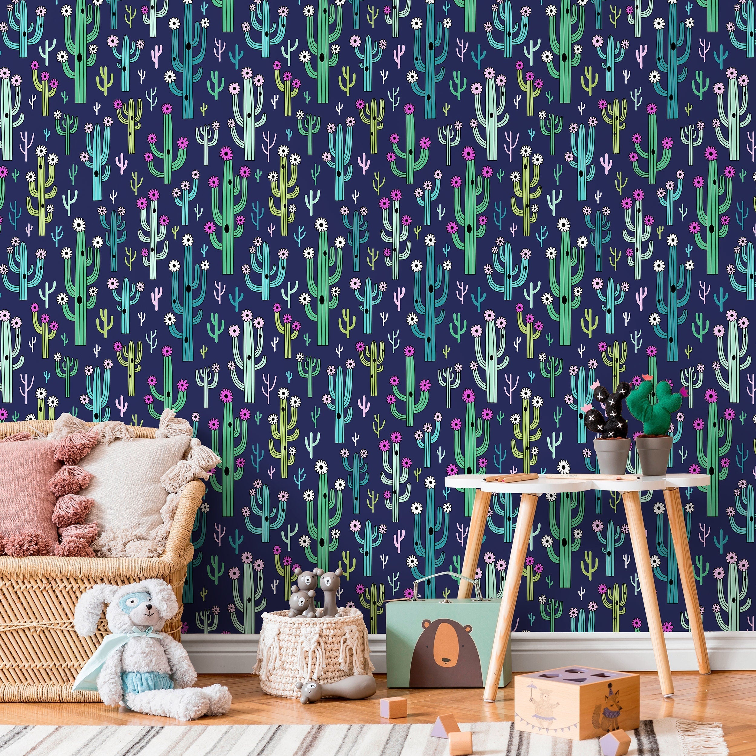 Cactus Wallpaper Featuring Whimsical Flowering Cacti In Green, Pink, And Navy Blue - A958