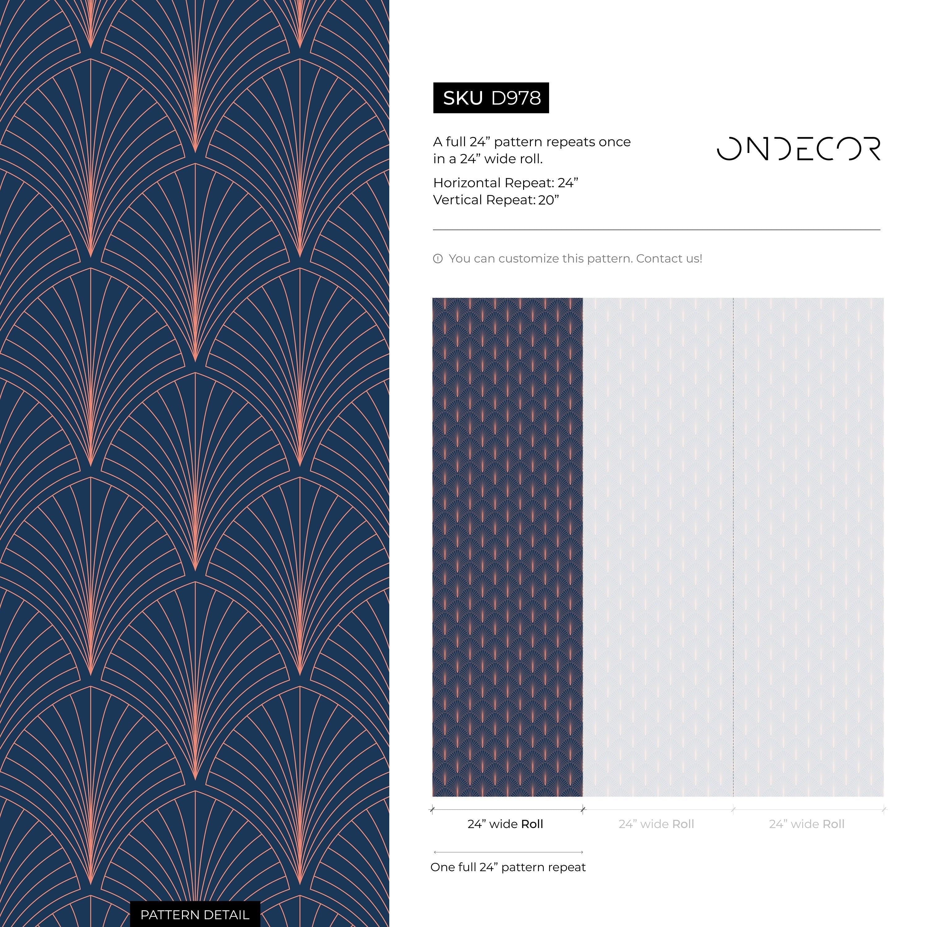 Art Deco Wallpaper With A Geometric Fan Motif In Navy Blue And Gold - D978