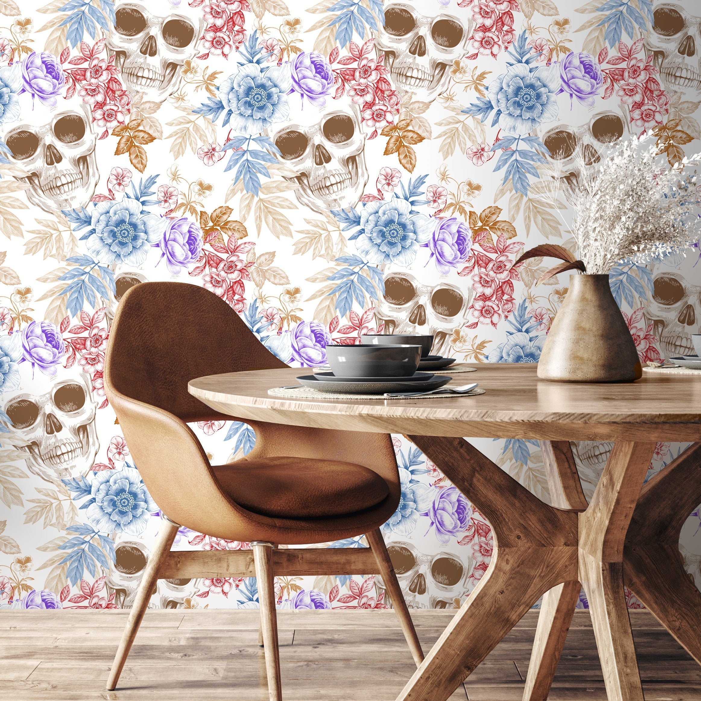 Gothic Wallpaper With A Floral Skull Motif In Blue, Red, And Purple - A364