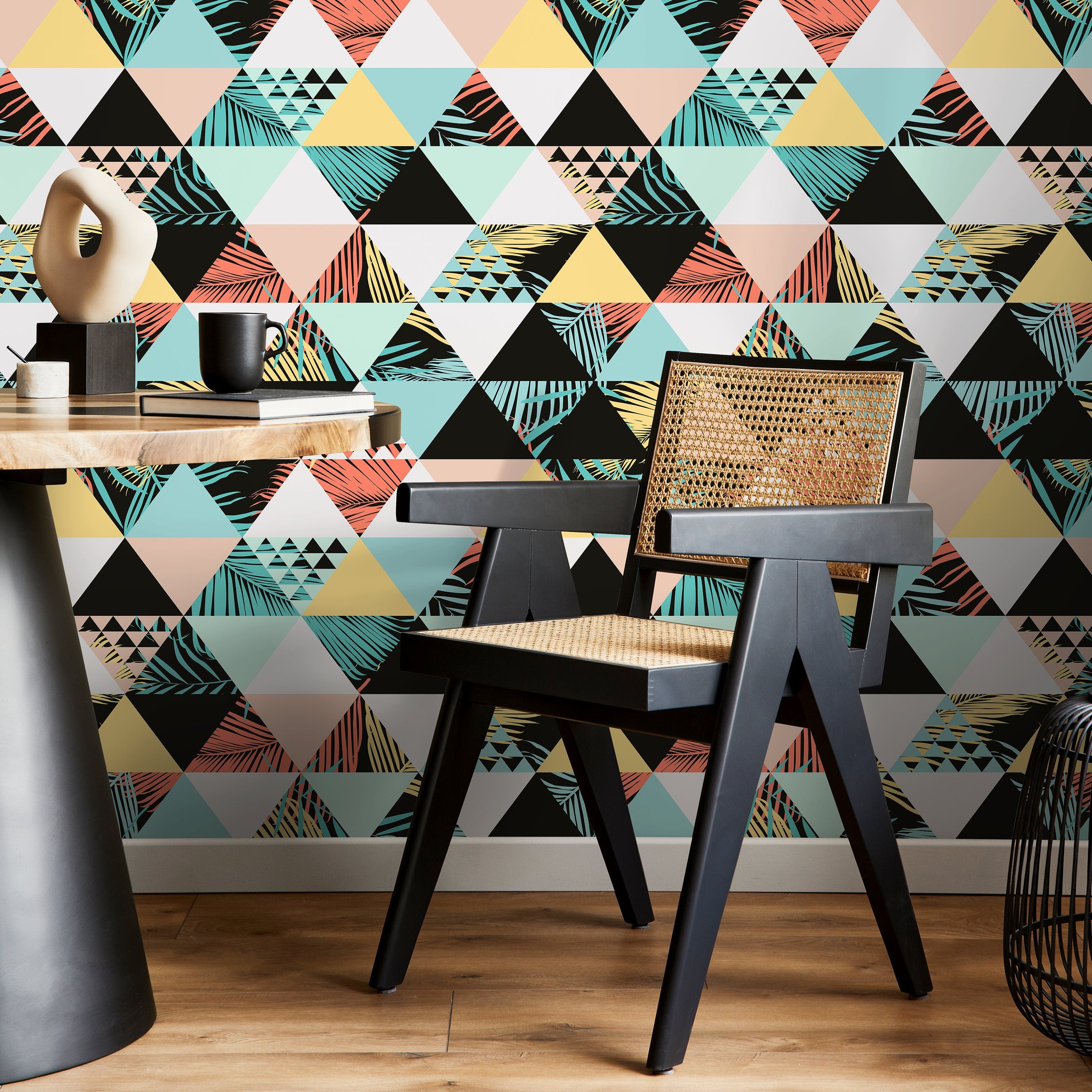 Geometric Wallpaper With A Tropical Triangle Motif In Teal, Coral, And Yellow - A599