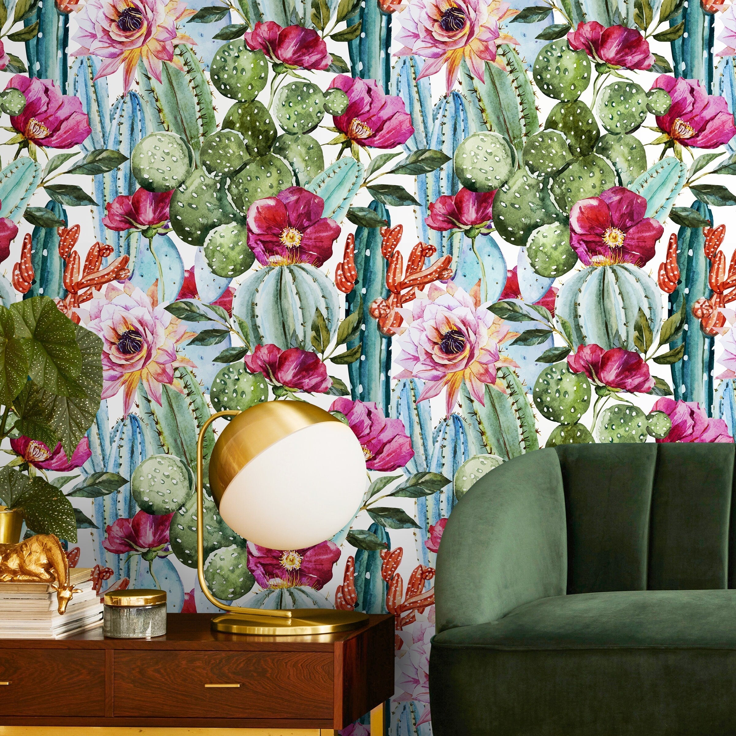 Botanical Wallpaper With Watercolor Cactus Blooms In Green And Pink - A005