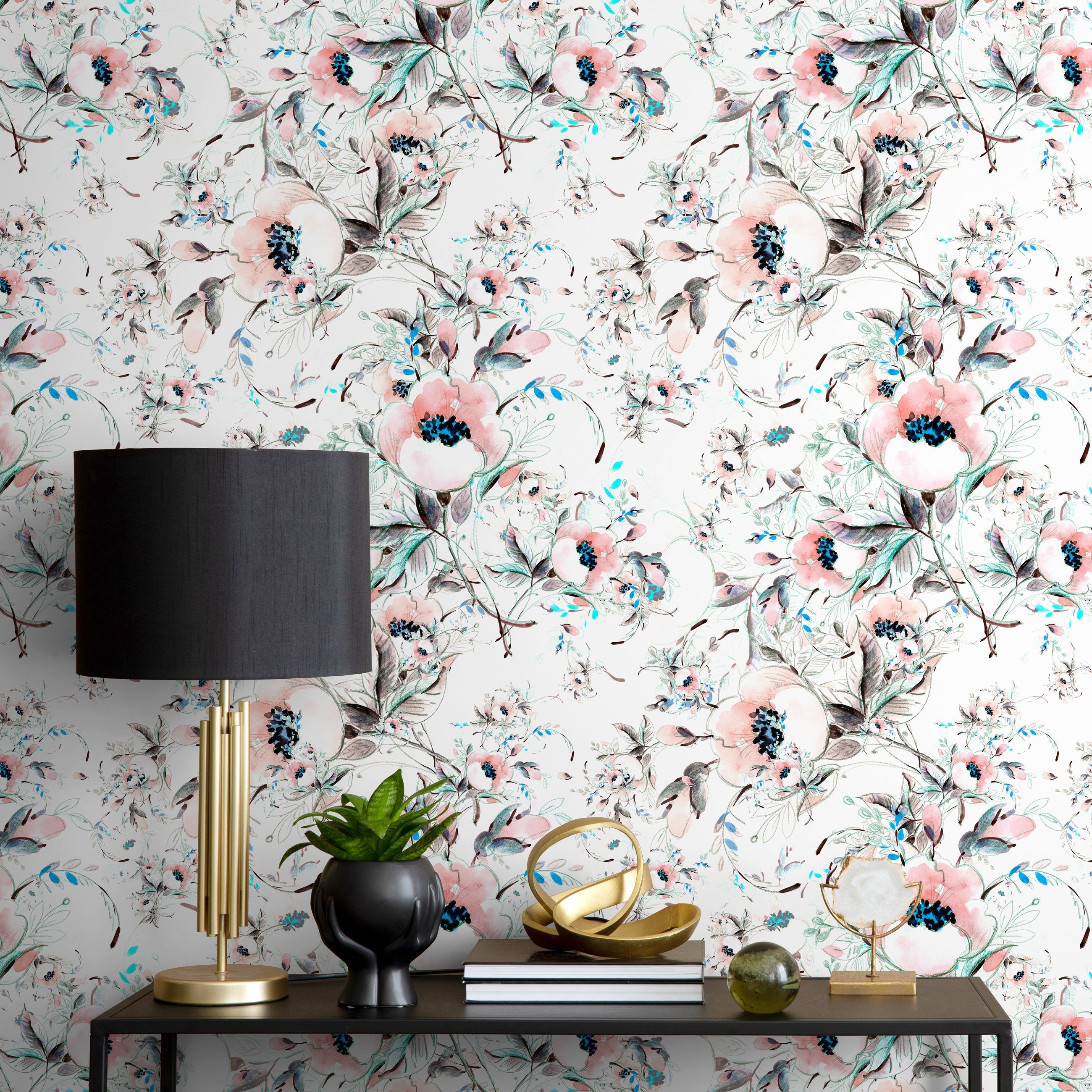 Floral Wallpaper Featuring Watercolor Blooms In Pink, Blue, And Black - A015
