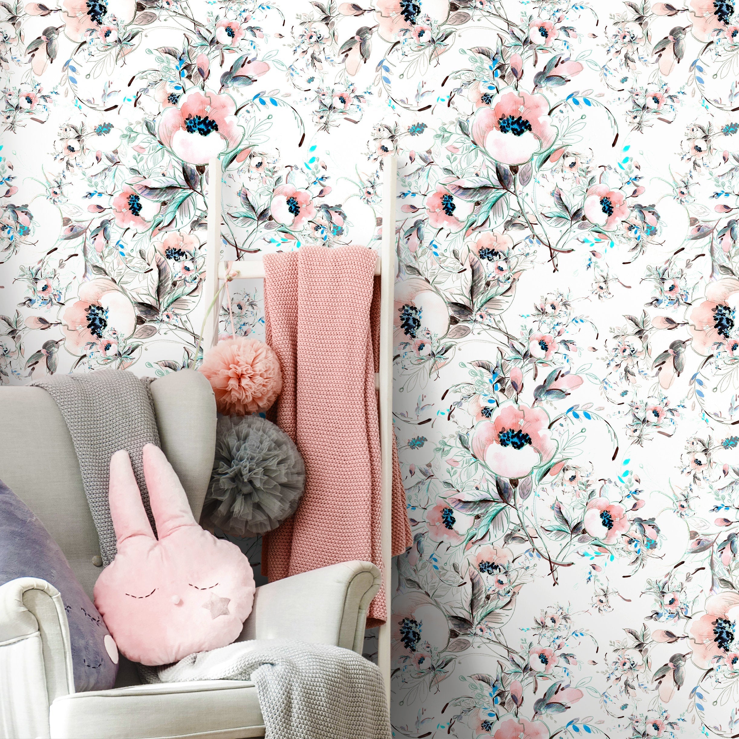 Floral Wallpaper Featuring Watercolor Blooms In Pink, Blue, And Black - A015