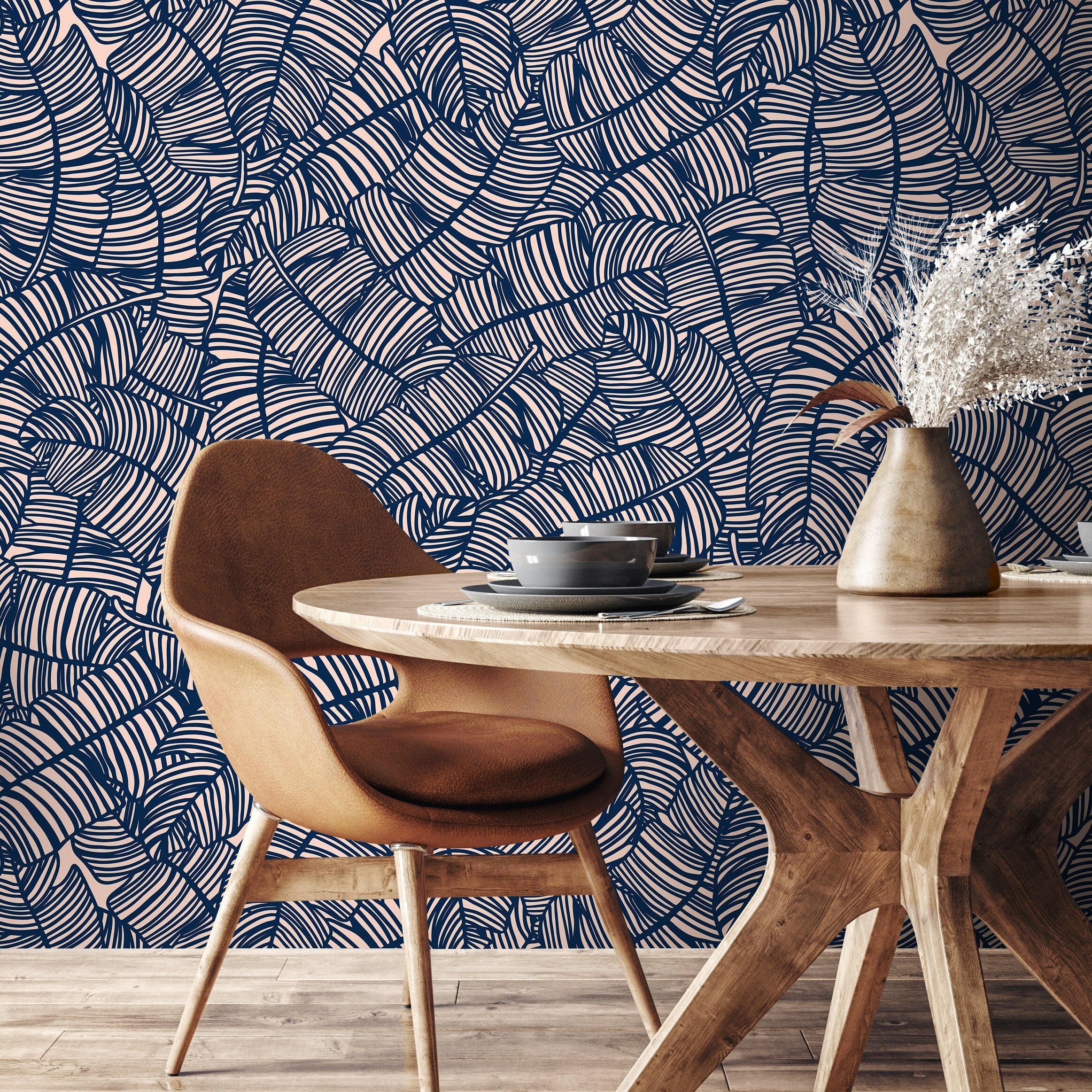 Abstract Wallpaper With A Bold Banana Leaf Motif In Navy Blue And Blush Pink - A016