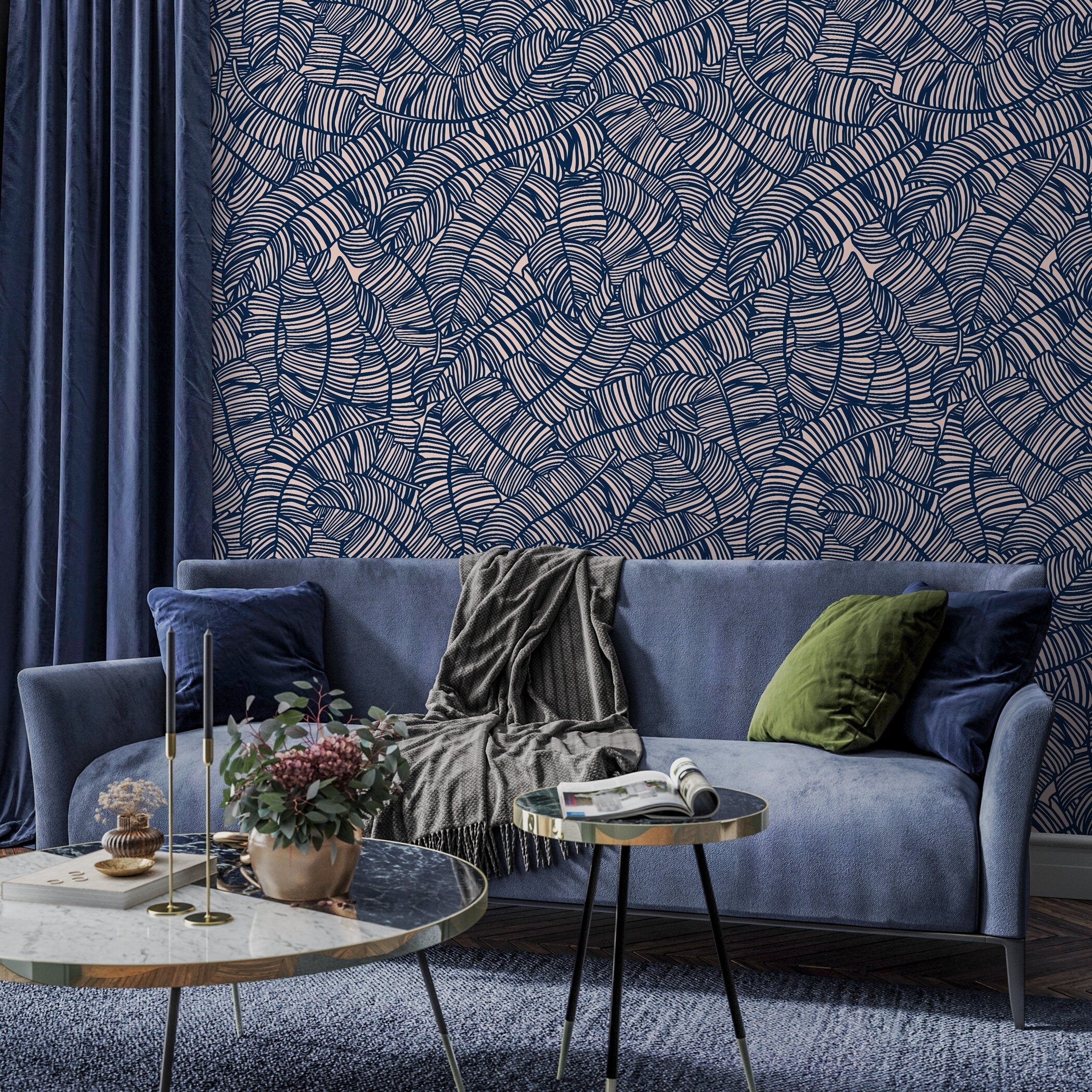 Abstract Wallpaper With A Bold Banana Leaf Motif In Navy Blue And Blush Pink - A016
